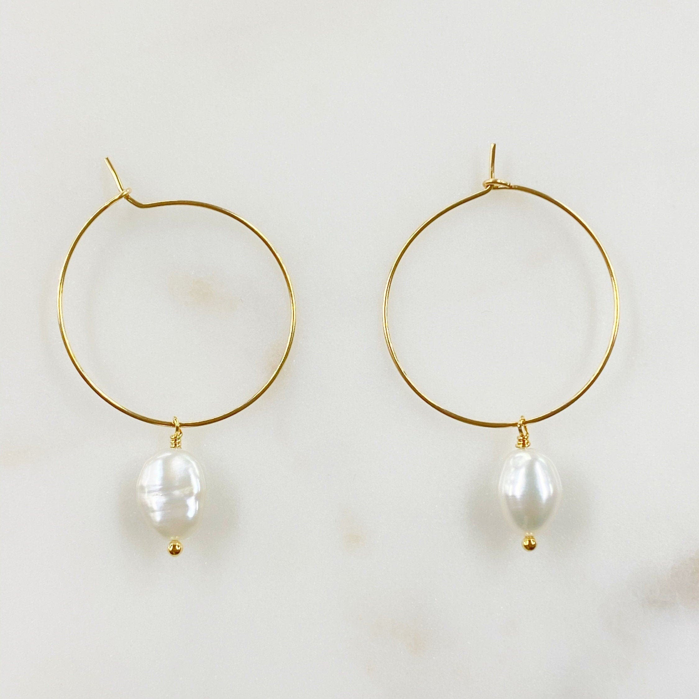 14K Gold Filled Ila Pearl Drop Gold Hoop Earrings (2pc)