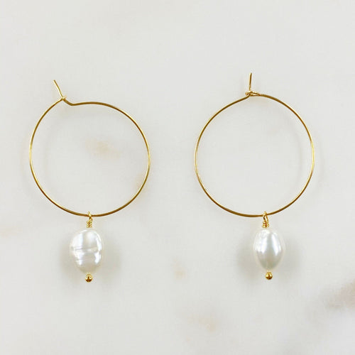 14K Gold Filled Ila Pearl Drop Gold Hoop Earrings (2pc)