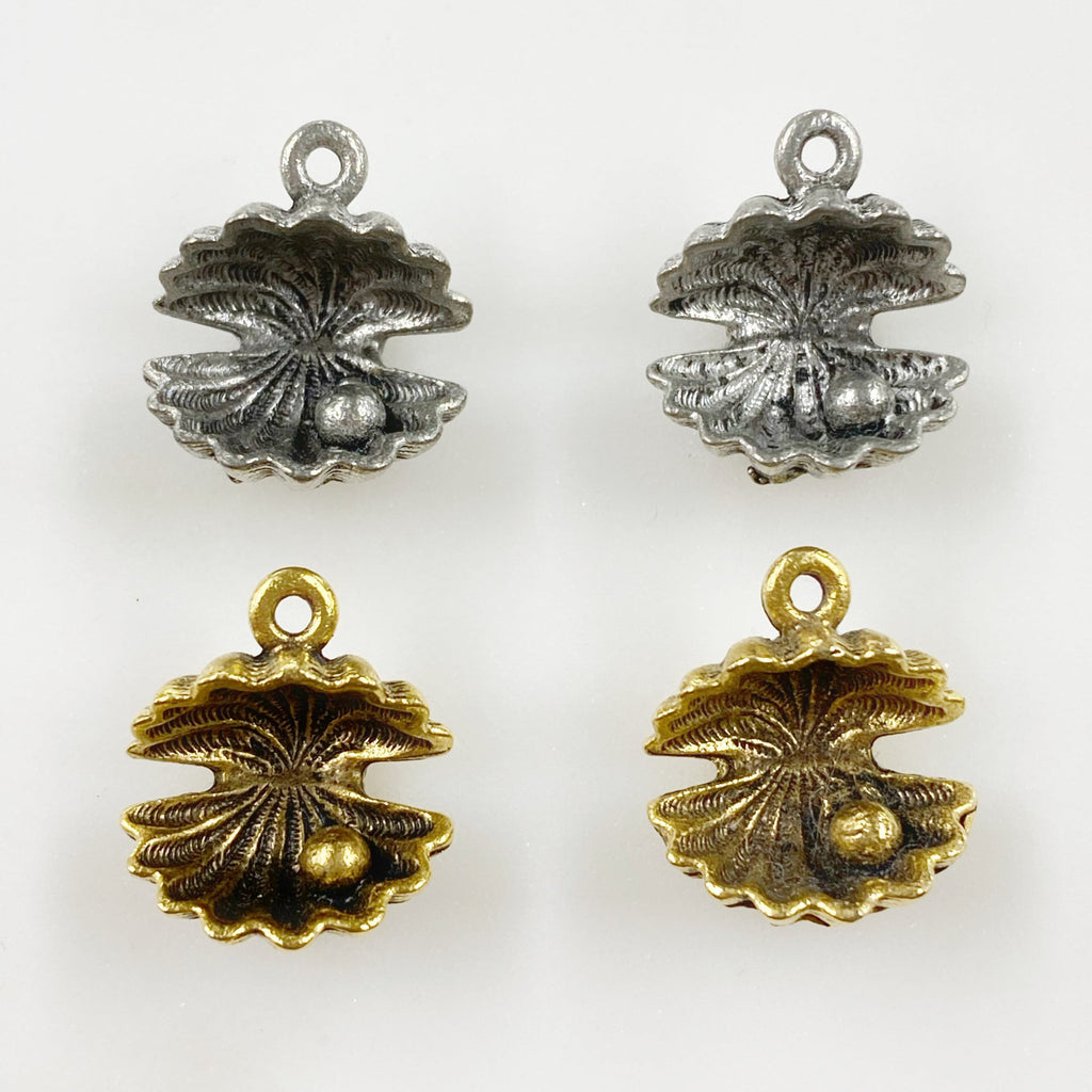 Pewter Sea Shell Oyster Pearl Charm Antique Gold or Antique (2pc)