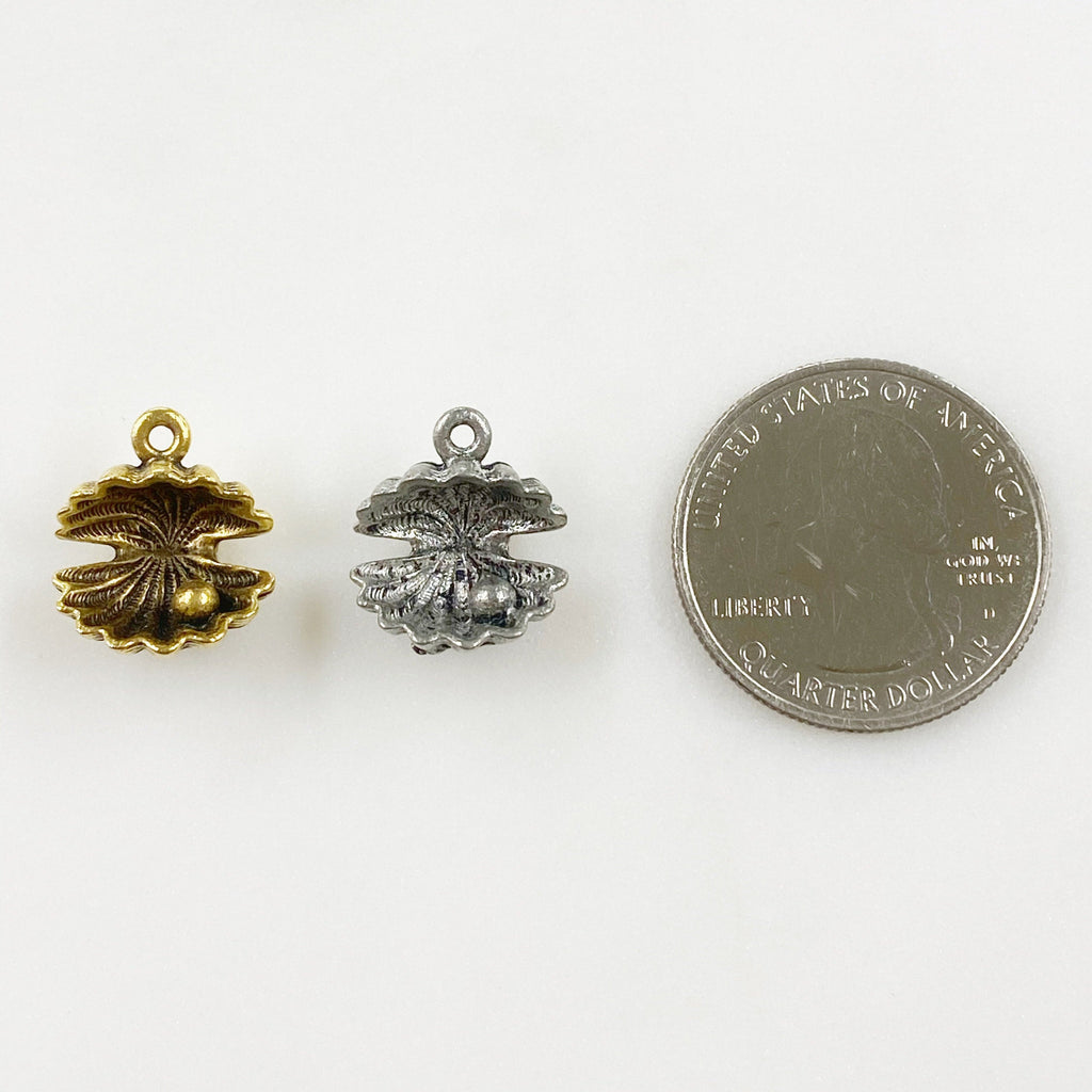 Pewter Sea Shell Oyster Pearl Charm Antique Gold or Antique (2pc)
