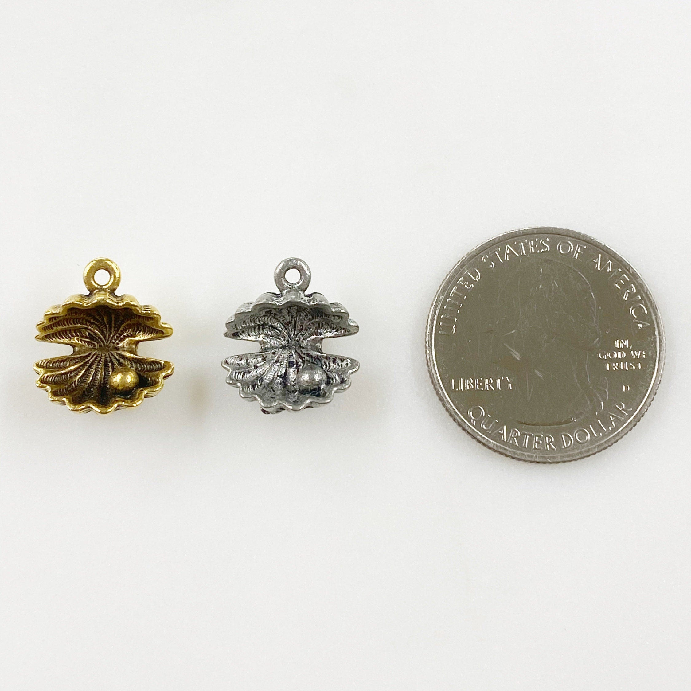 Pewter Sea Shell Oyster Pearl Charm Antique Gold or Antique (2pc)
