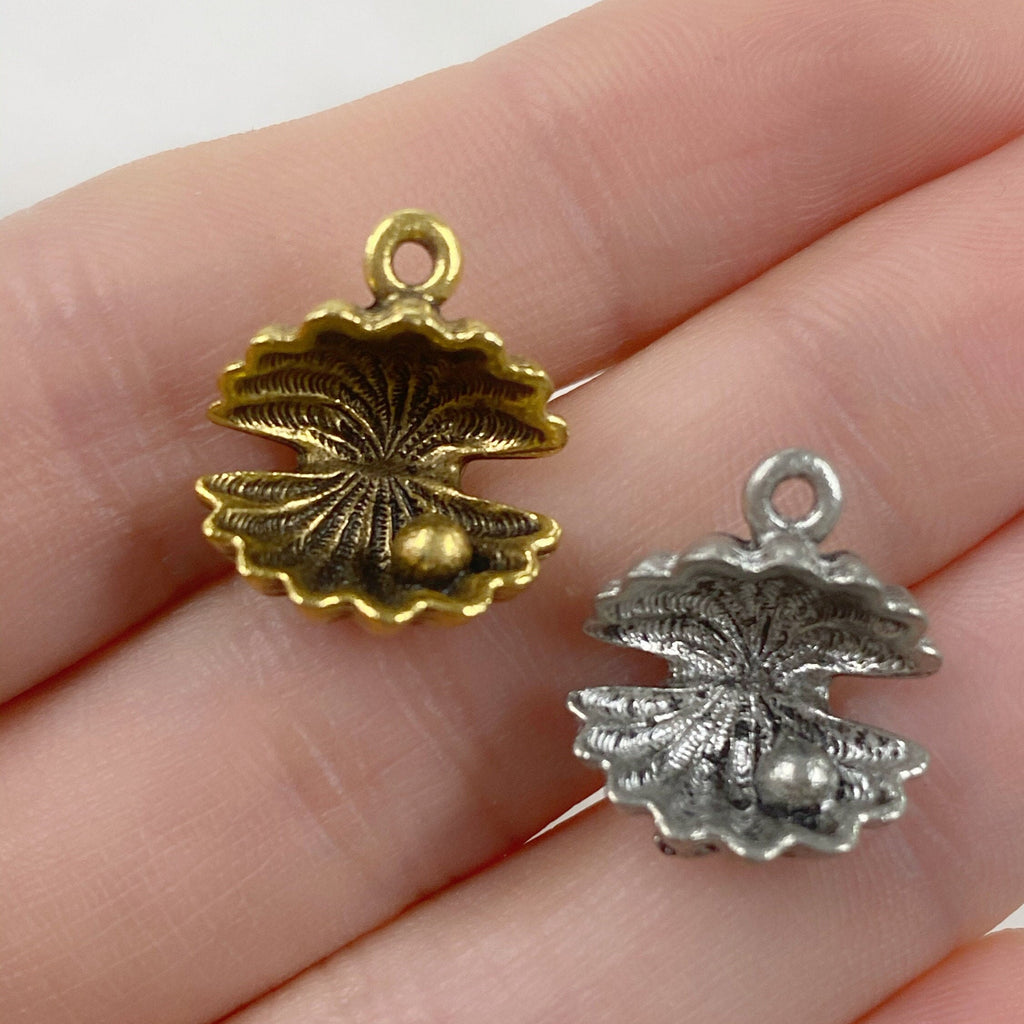 Pewter Sea Shell Oyster Pearl Charm Antique Gold or Antique (2pc)