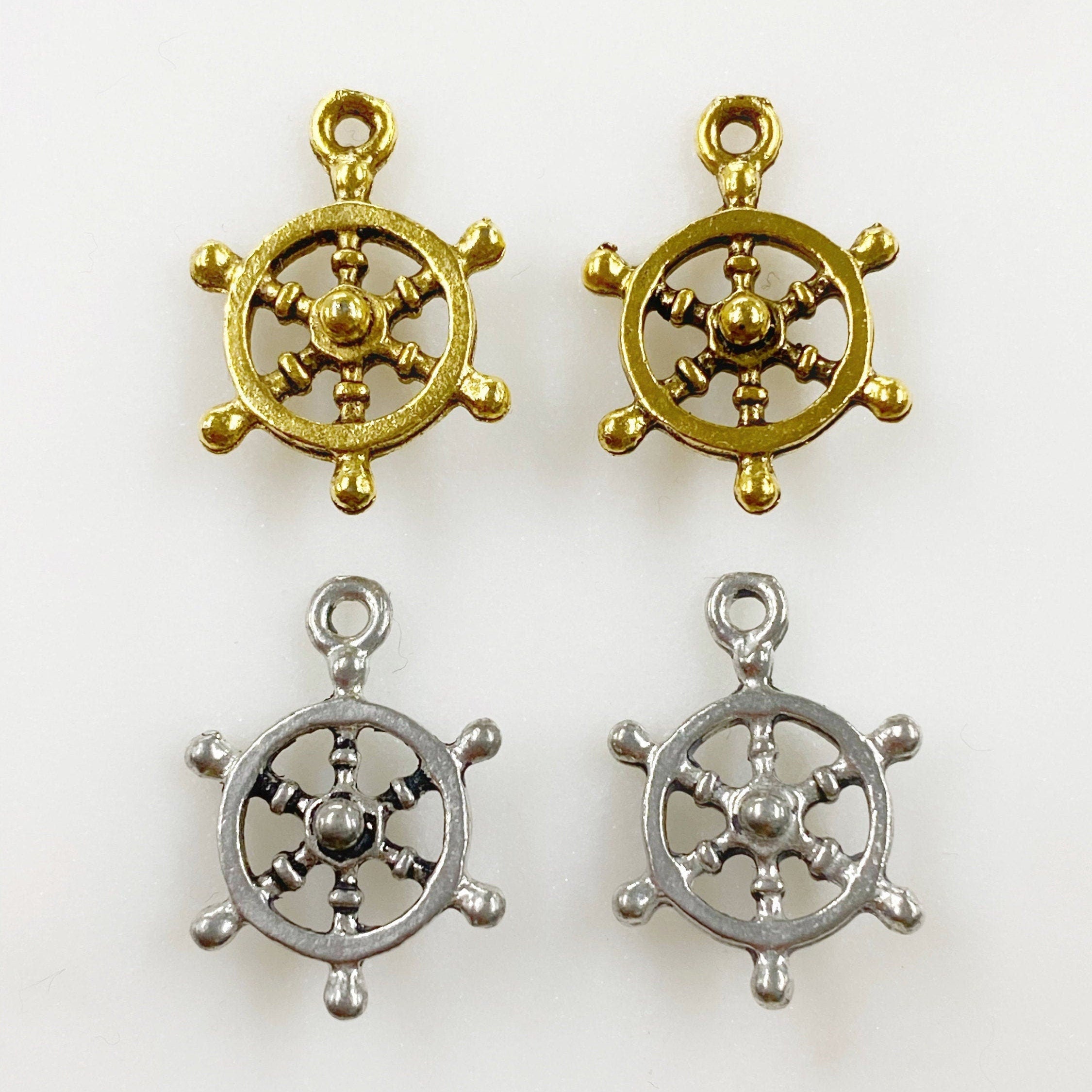 Pewter Ships Wheel Sea Charm Antique Gold or Antique Silver (2pc)