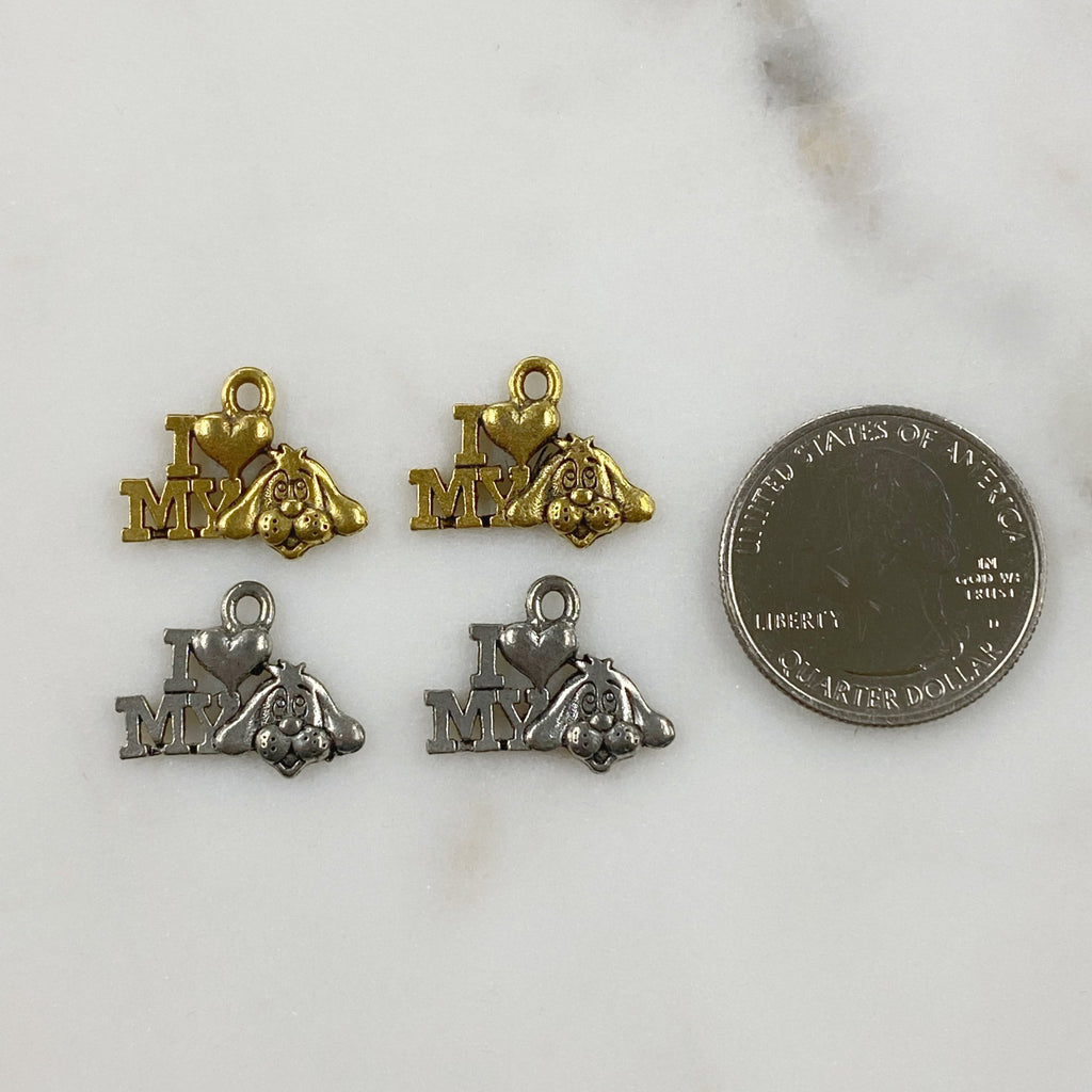 Pewter I Heart My Dog Charm Dog Charm Antique Gold or Antique (2pc)