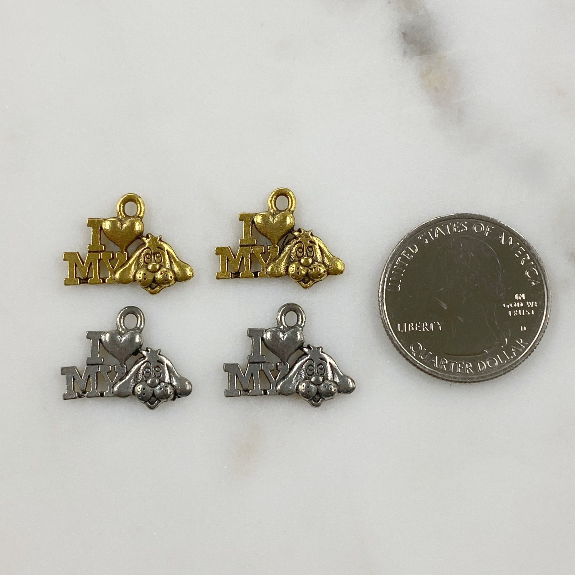 Pewter I Heart My Dog Charm Dog Charm Antique Gold or Antique (2pc)