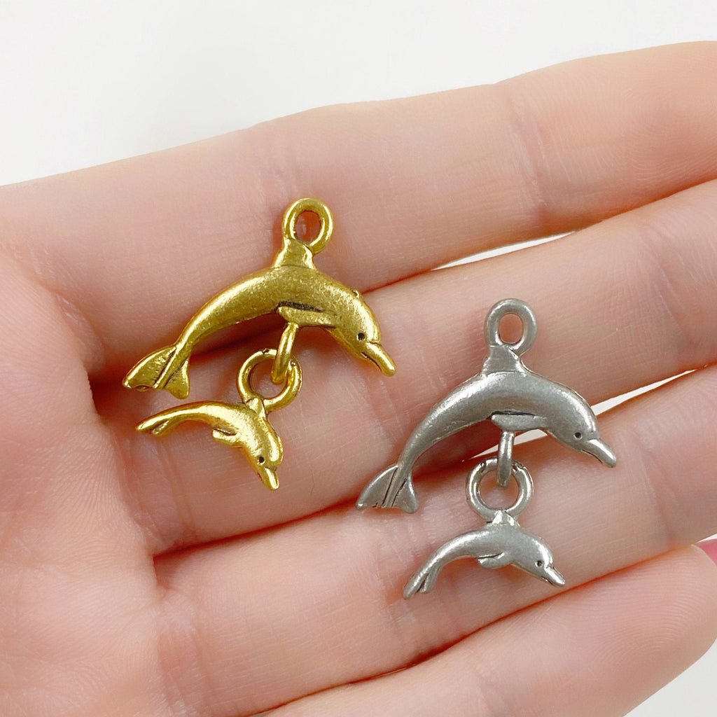 22mmx21mm Pewter Dolphin & Baby Charm Antique Gold or Antique Silver (2pc)
