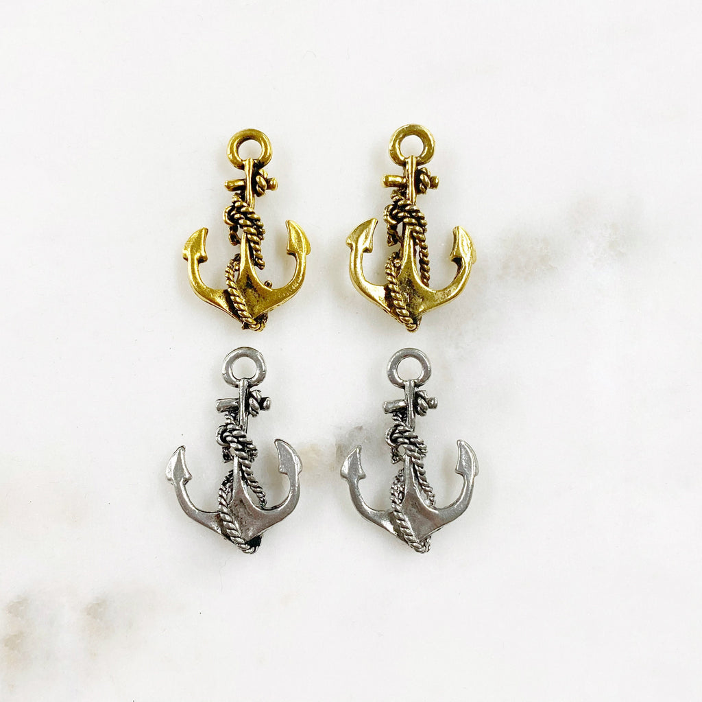 Pewter Anchor with Detailed Rope Charm Nautical Ocean Antique (2pc)