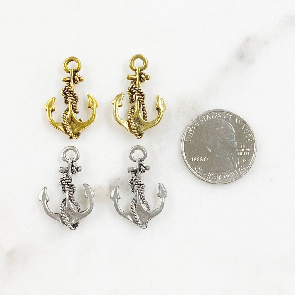 Pewter Anchor with Detailed Rope Charm Nautical Ocean Antique (2pc)