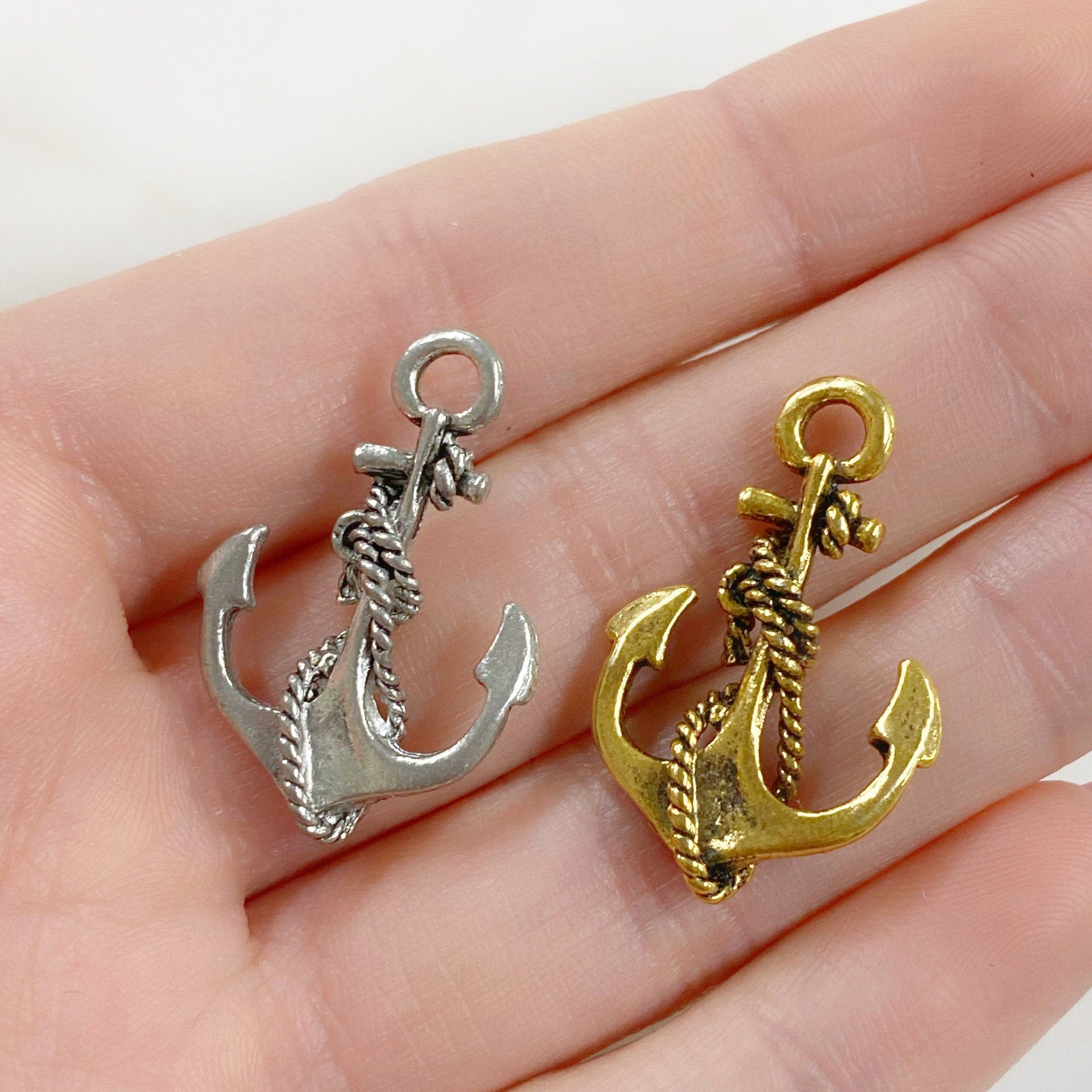 Pewter Anchor with Detailed Rope Charm Nautical Ocean Antique (2pc)