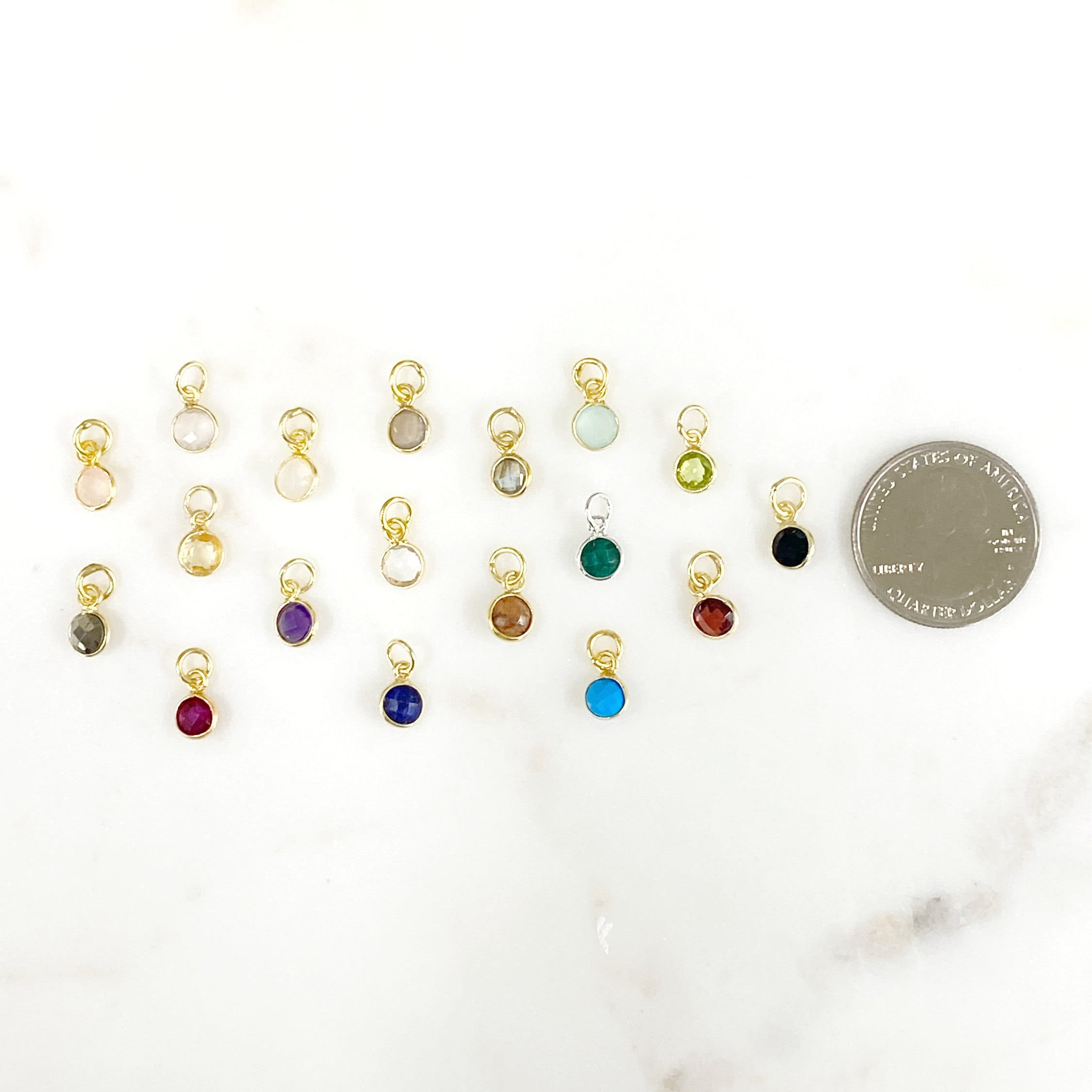 Sterling Silver or Gold Plated Tiny Round Gemstone Faceted Bezel Charm