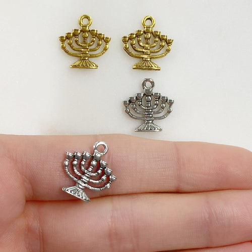 14mmx14mm Pewter Detailed Menorah Hanukkah Candles Charm Jewish (2pc)