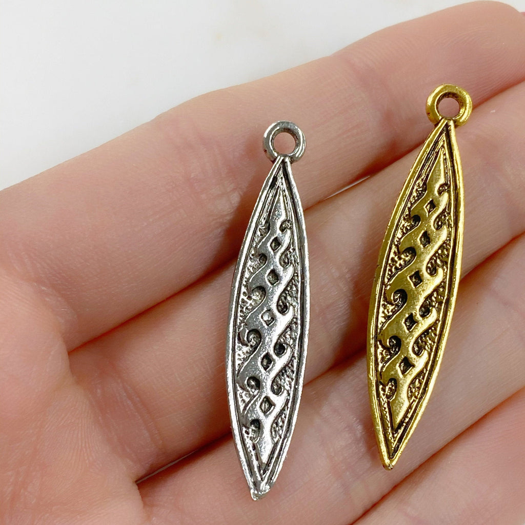 39mmx8mm Pewter Surfboard Charm Beach Ocean Charm Antique Gold (2pc)
