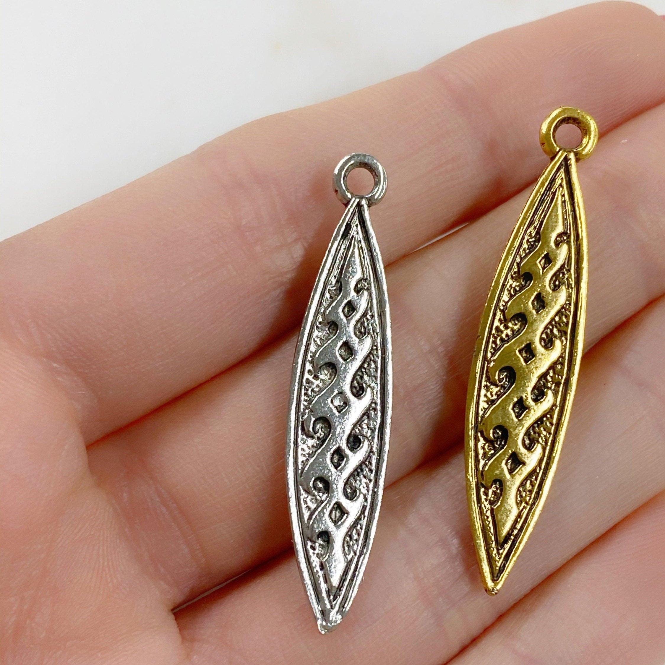 39mmx8mm Pewter Surfboard Charm Beach Ocean Charm Antique Gold (2pc)
