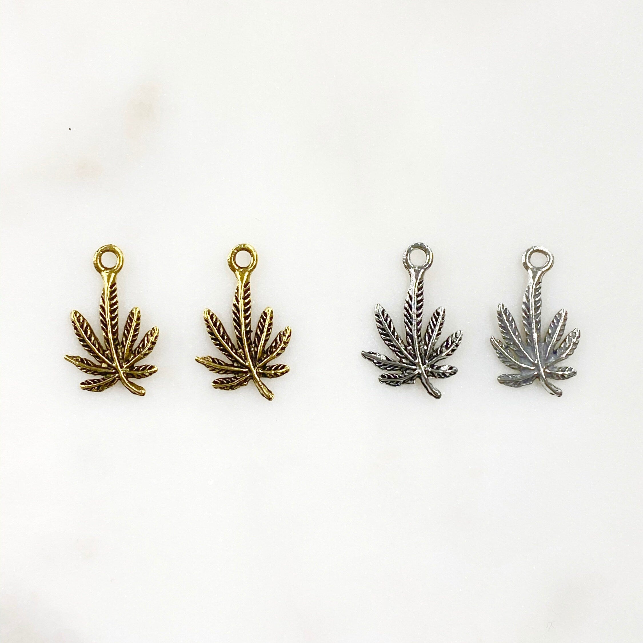 Pewter Small Marijuana Leaf Charm Antique Gold or Silver Pot (2pc)