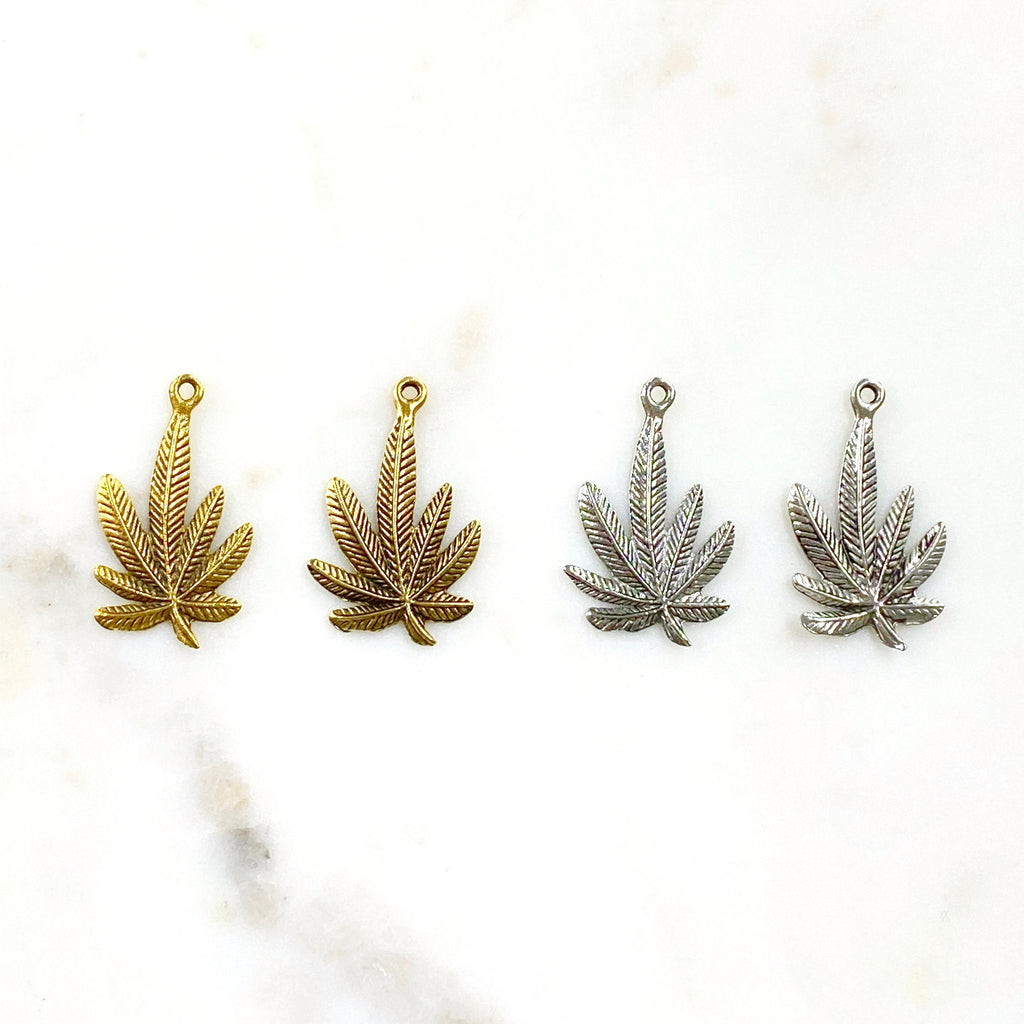 Pewter Large Marijuana Leaf Charm Antique Gold or Silver Pot (2pc)