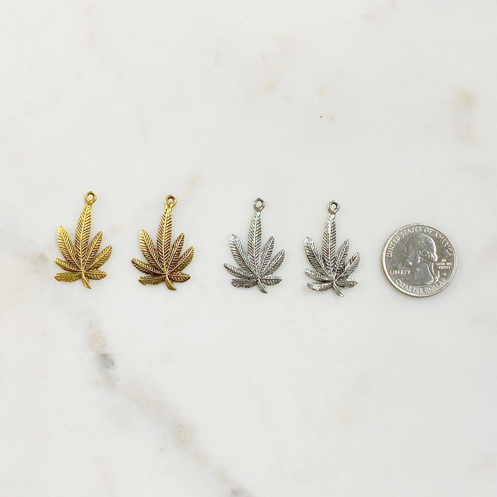Pewter Large Marijuana Leaf Charm Antique Gold or Silver Pot (2pc)