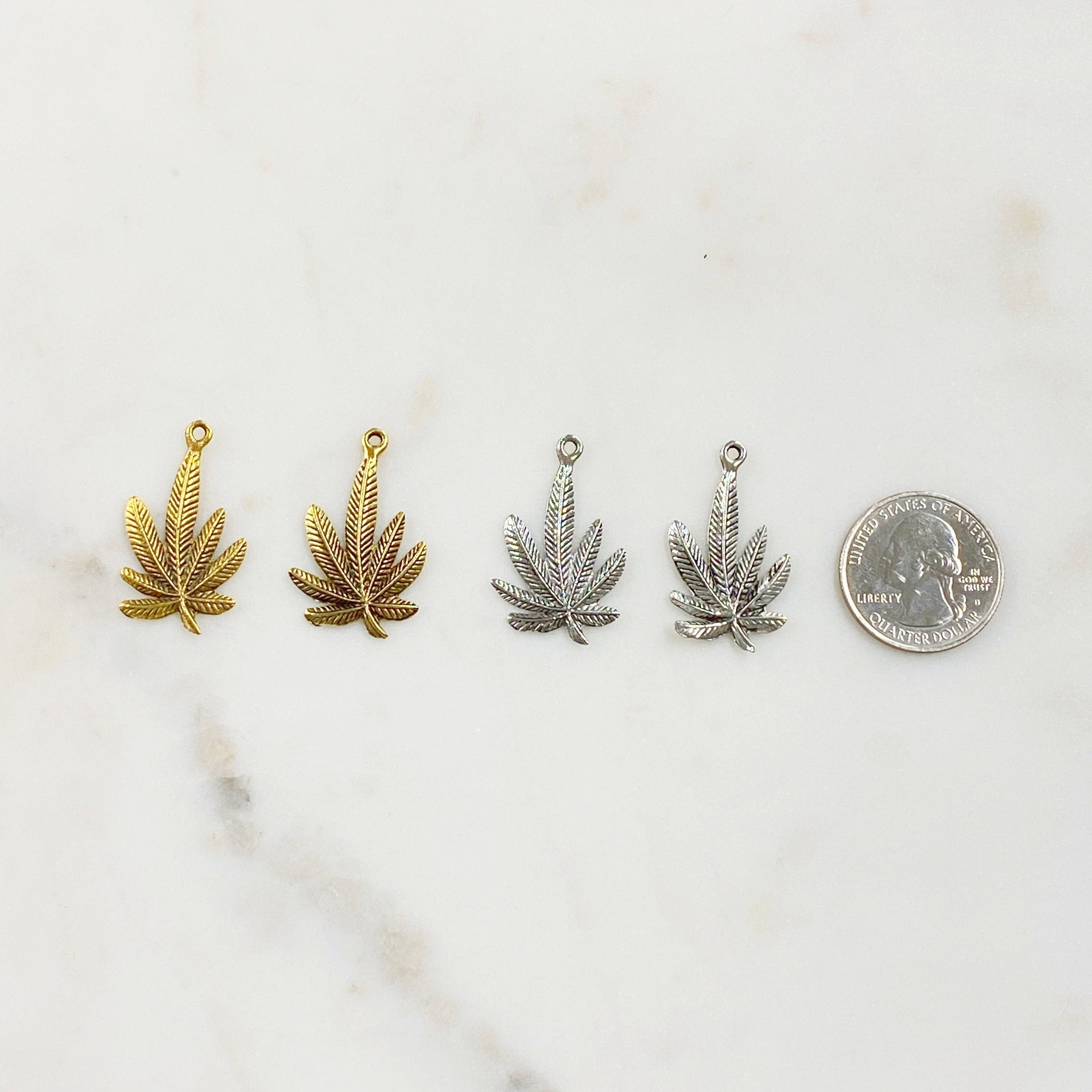 Pewter Large Marijuana Leaf Charm Antique Gold or Silver Pot (2pc)