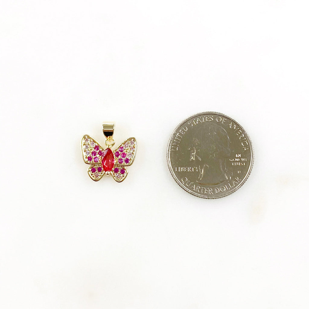 Gold Plated Cubic Zirconia Pavé Butterfly Charm Raspberry Pink