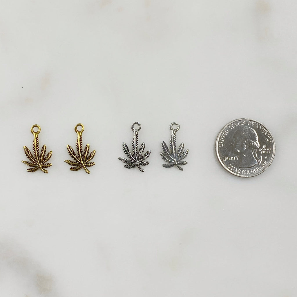 Pewter Small Marijuana Leaf Charm Antique Gold or Silver Pot (2pc)