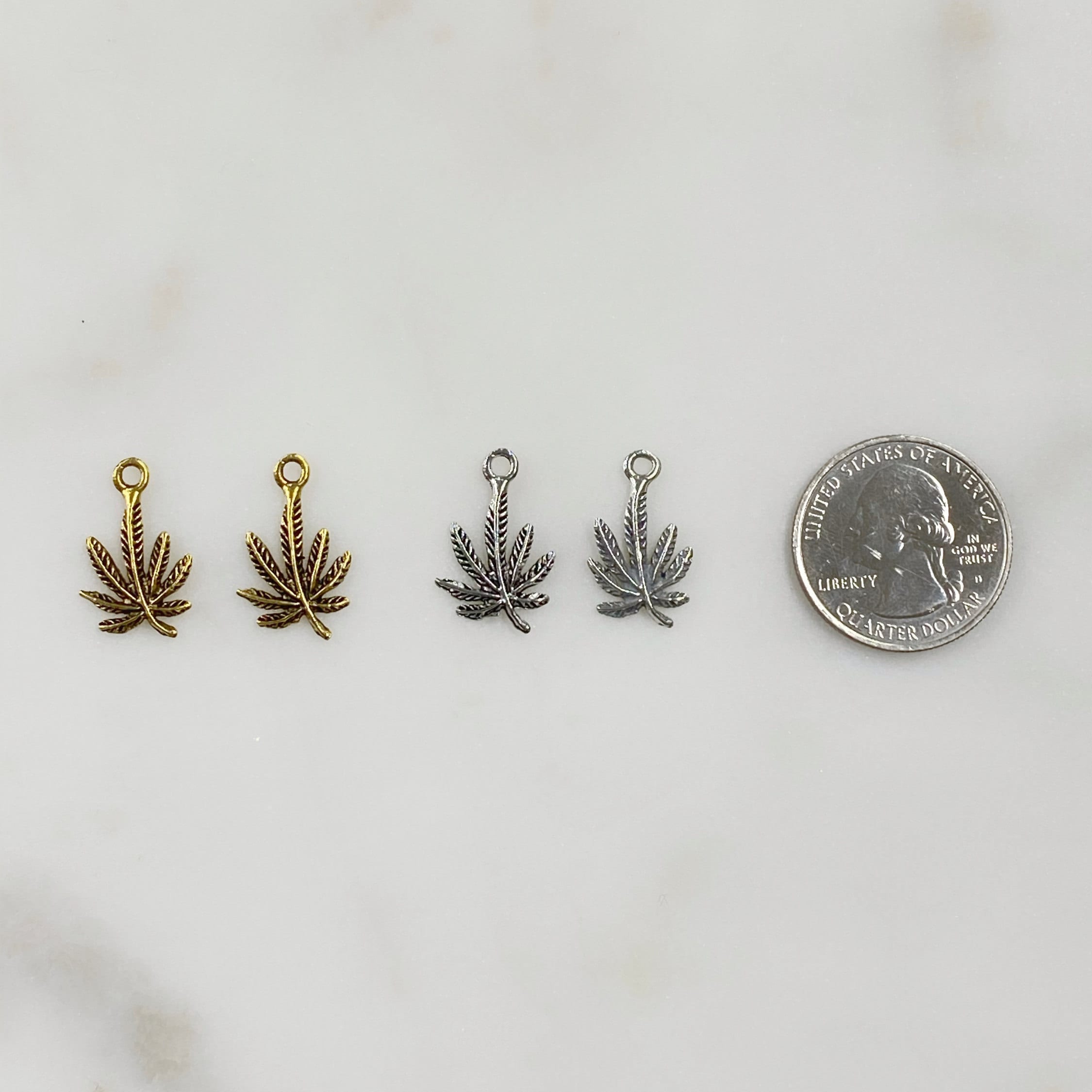 Pewter Small Marijuana Leaf Charm Antique Gold or Silver Pot (2pc)