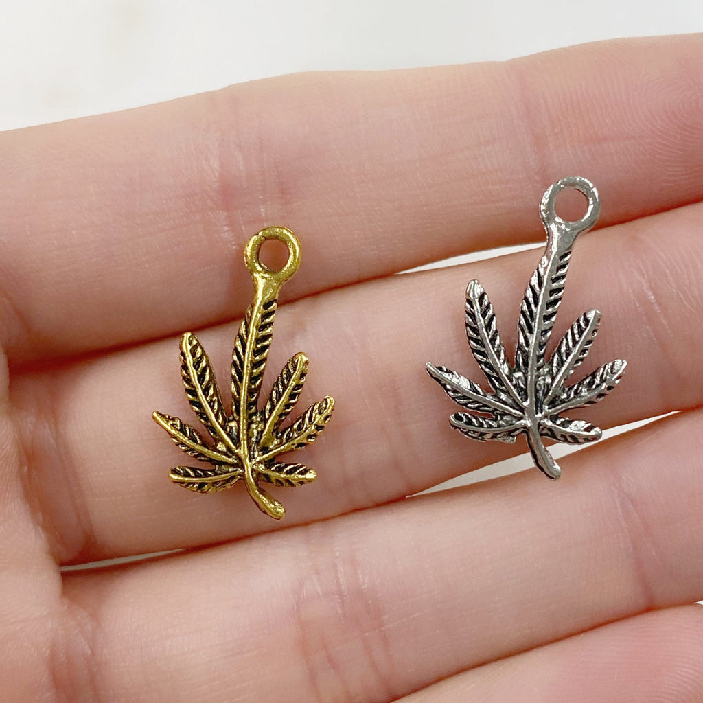 Pewter Small Marijuana Leaf Charm Antique Gold or Silver Pot (2pc)