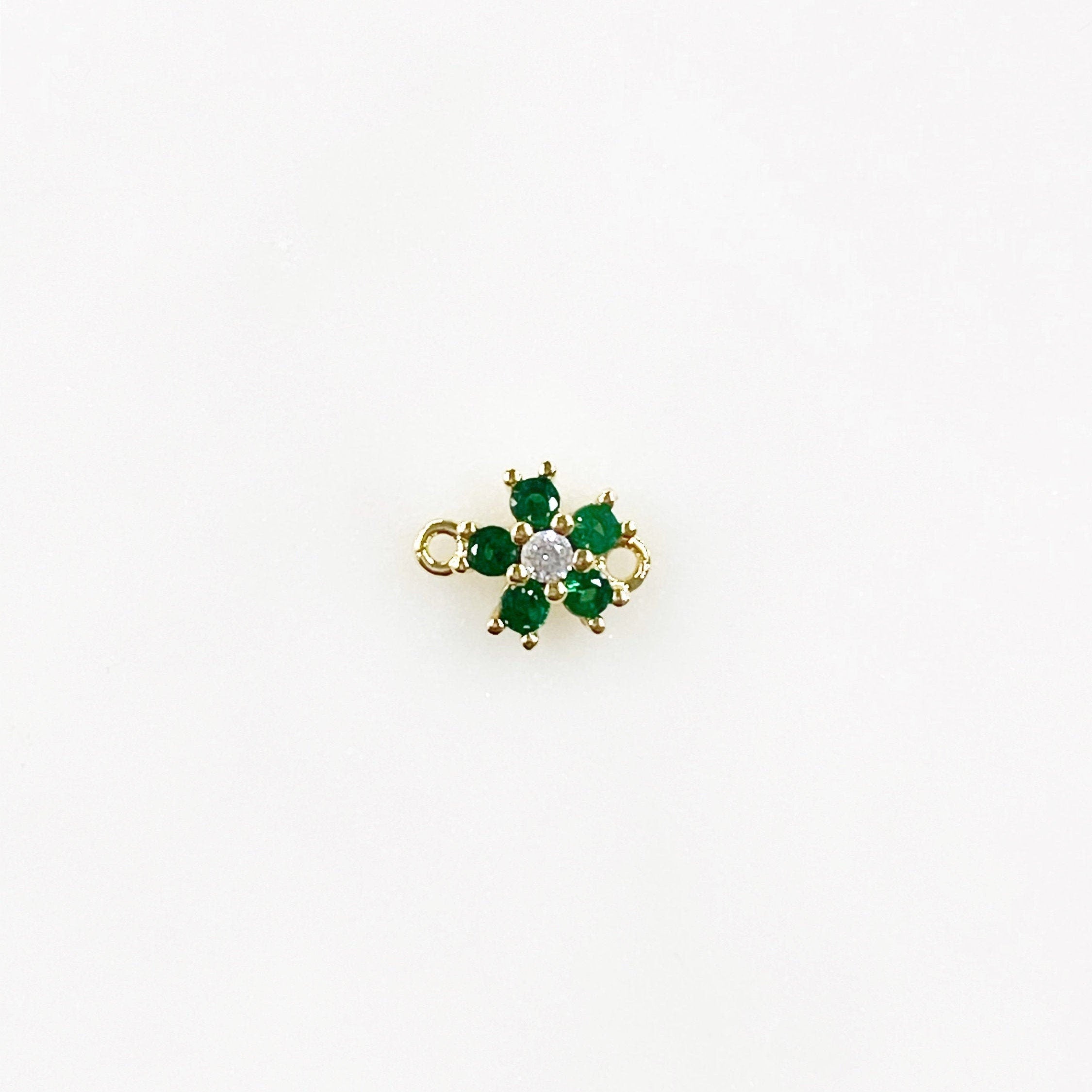 Gold Plated Tiny Cubic Zirconia Pavé Green or Ruby Flower Charm
