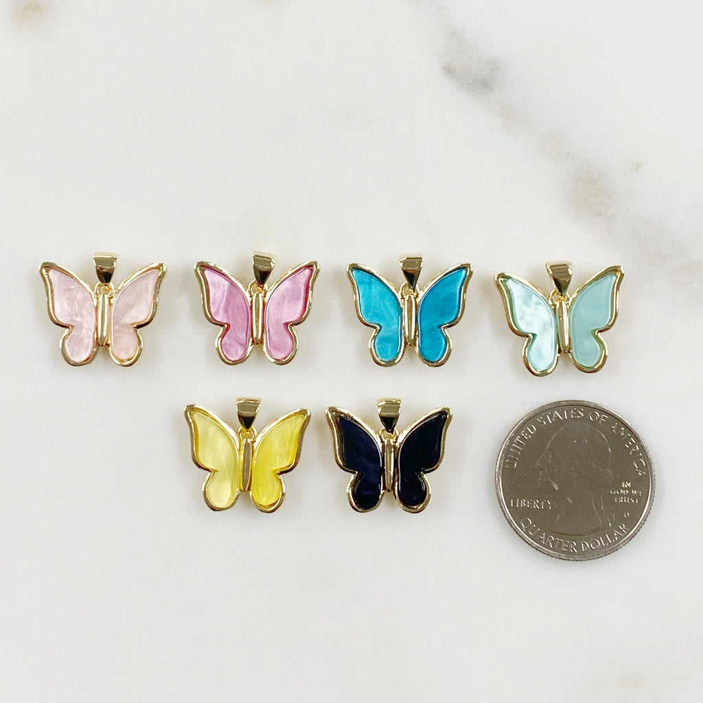Gold Plated Mother of Pearl Butterfly Charm Pearl Swirl Colorful