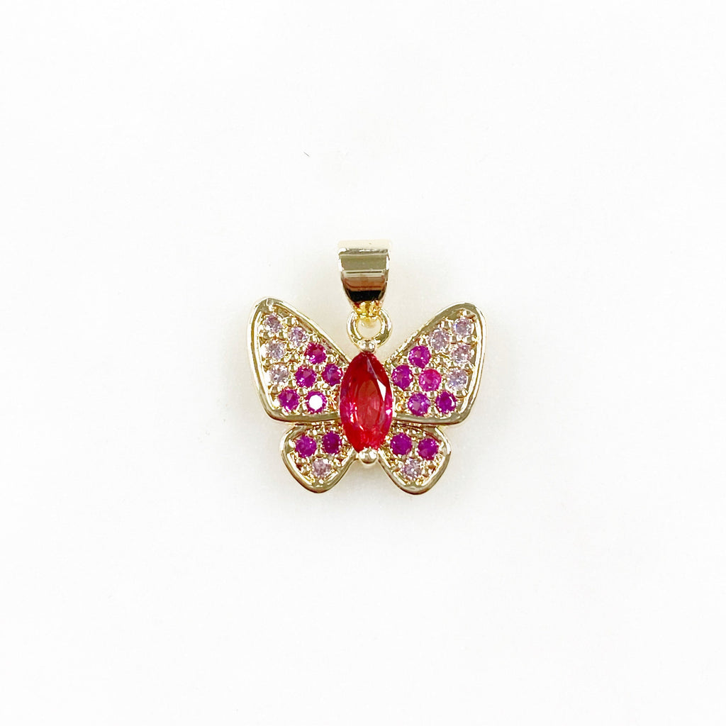 Gold Plated Cubic Zirconia Pavé Butterfly Charm Raspberry Pink