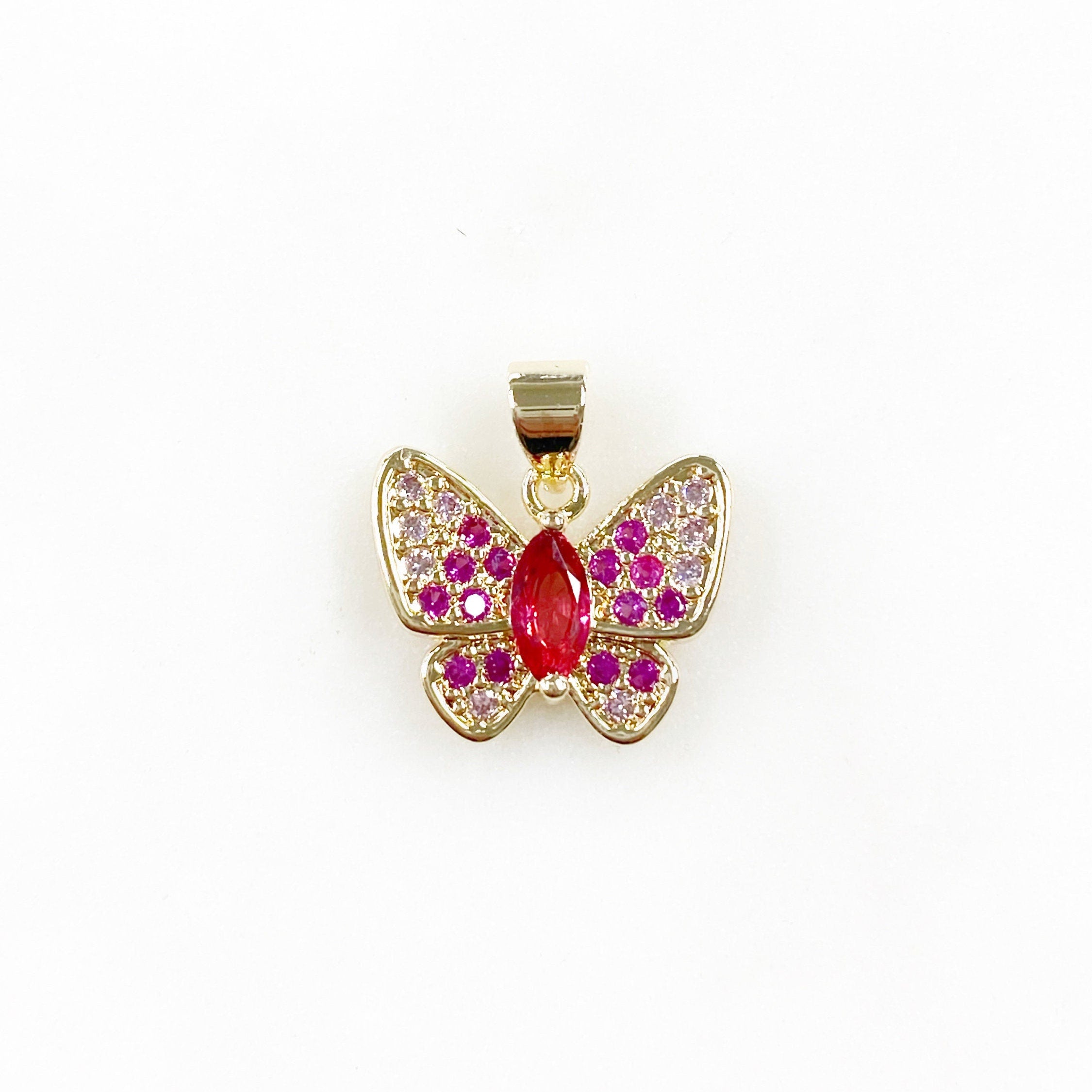 Gold Plated Cubic Zirconia Pavé Butterfly Charm Raspberry Pink