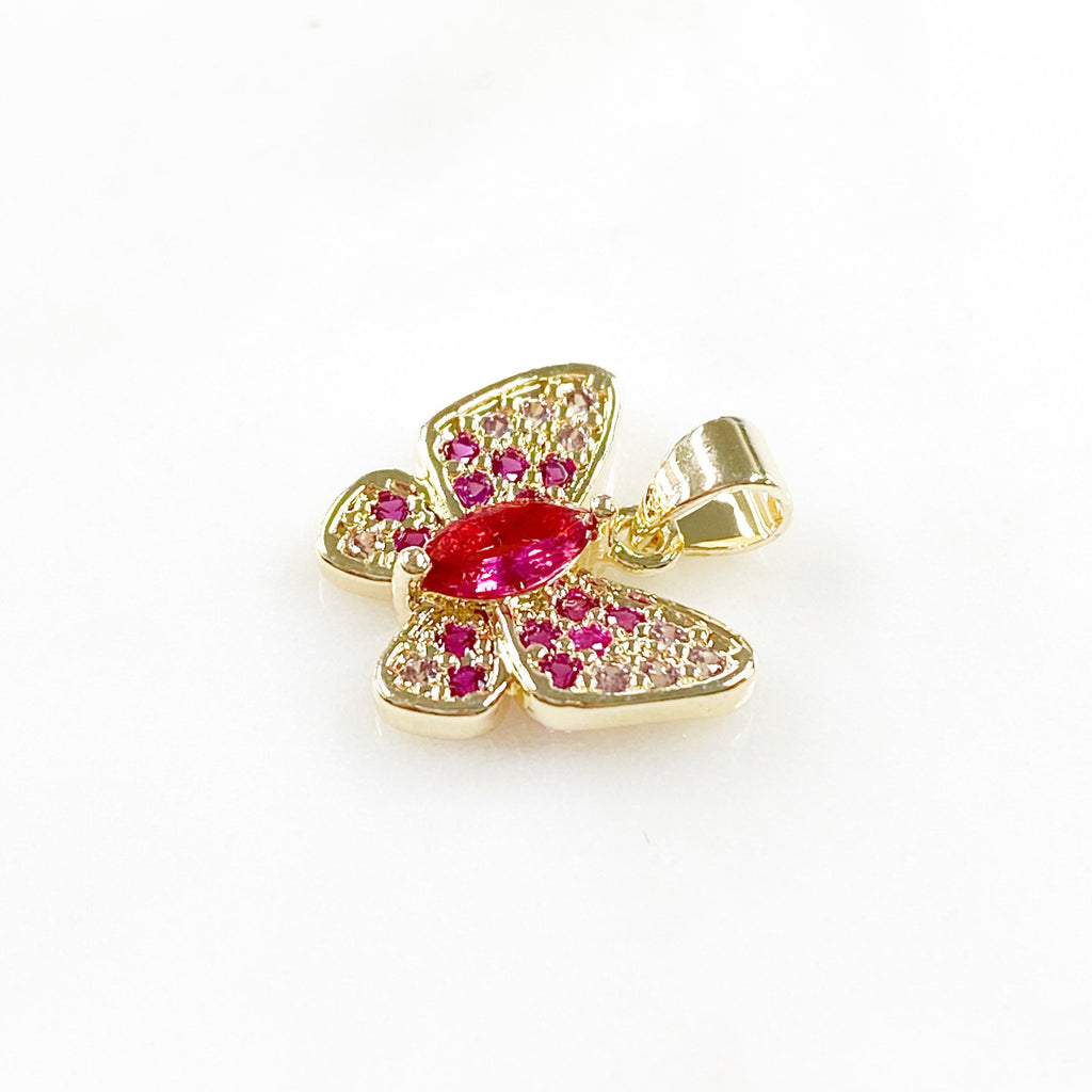 Gold Plated Cubic Zirconia Pavé Butterfly Charm Raspberry Pink