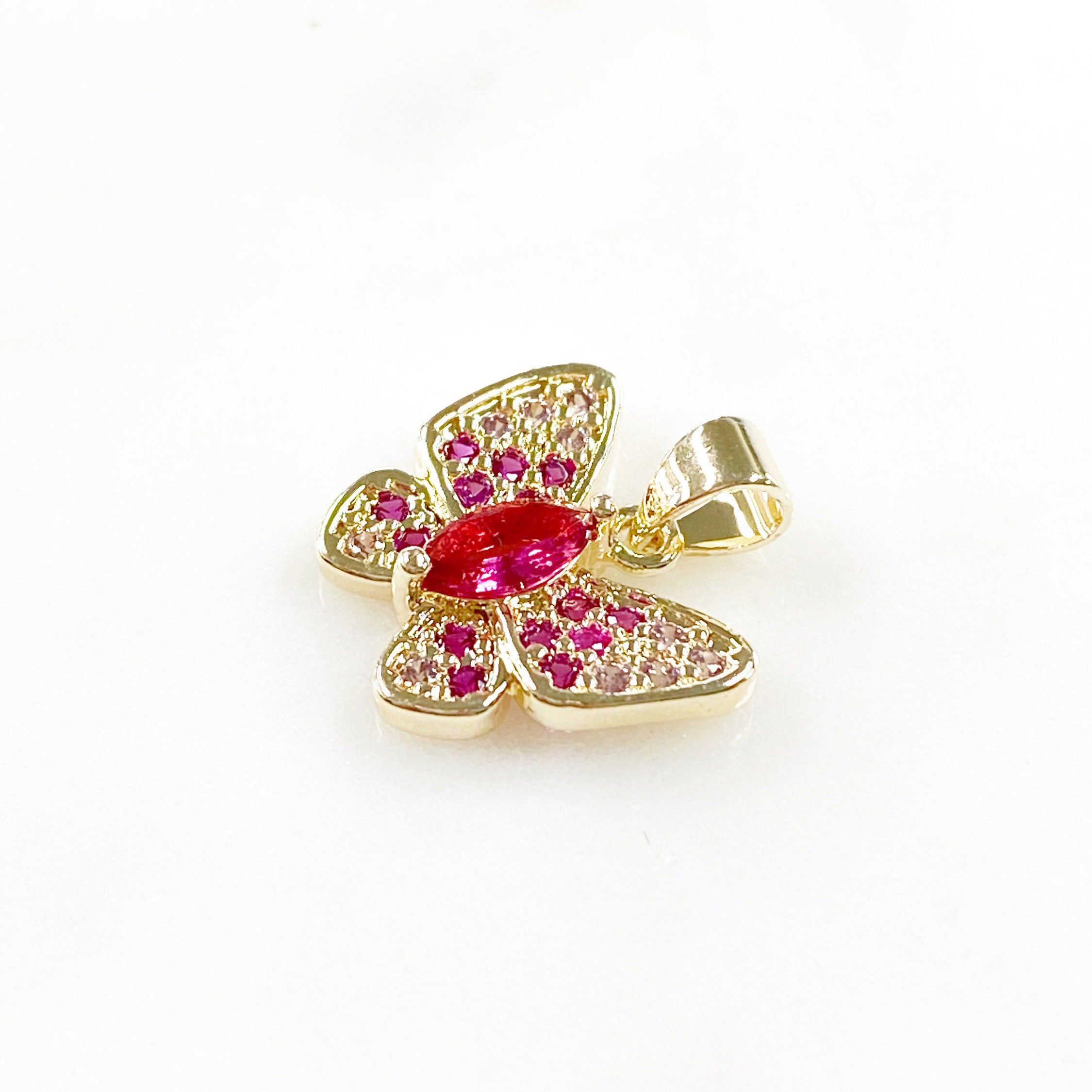 Gold Plated Cubic Zirconia Pavé Butterfly Charm Raspberry Pink