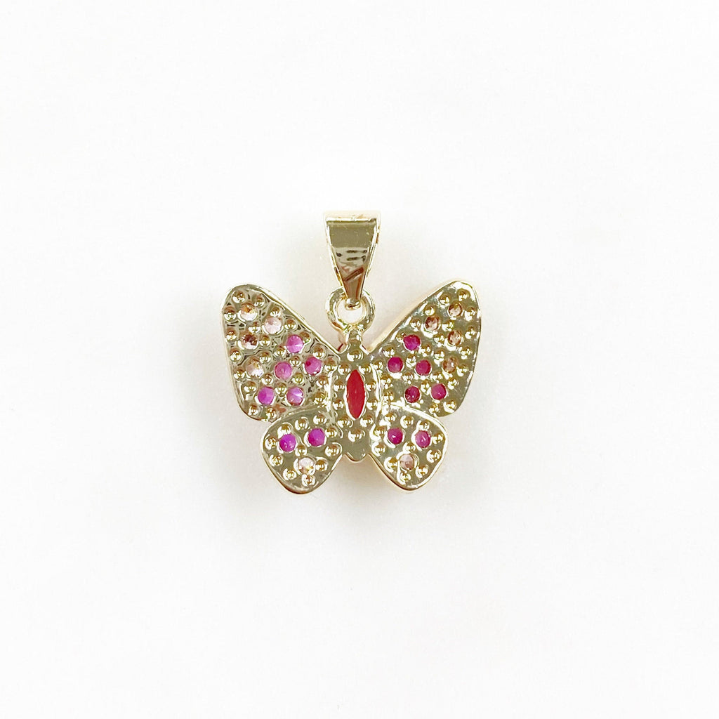 Gold Plated Cubic Zirconia Pavé Butterfly Charm Raspberry Pink
