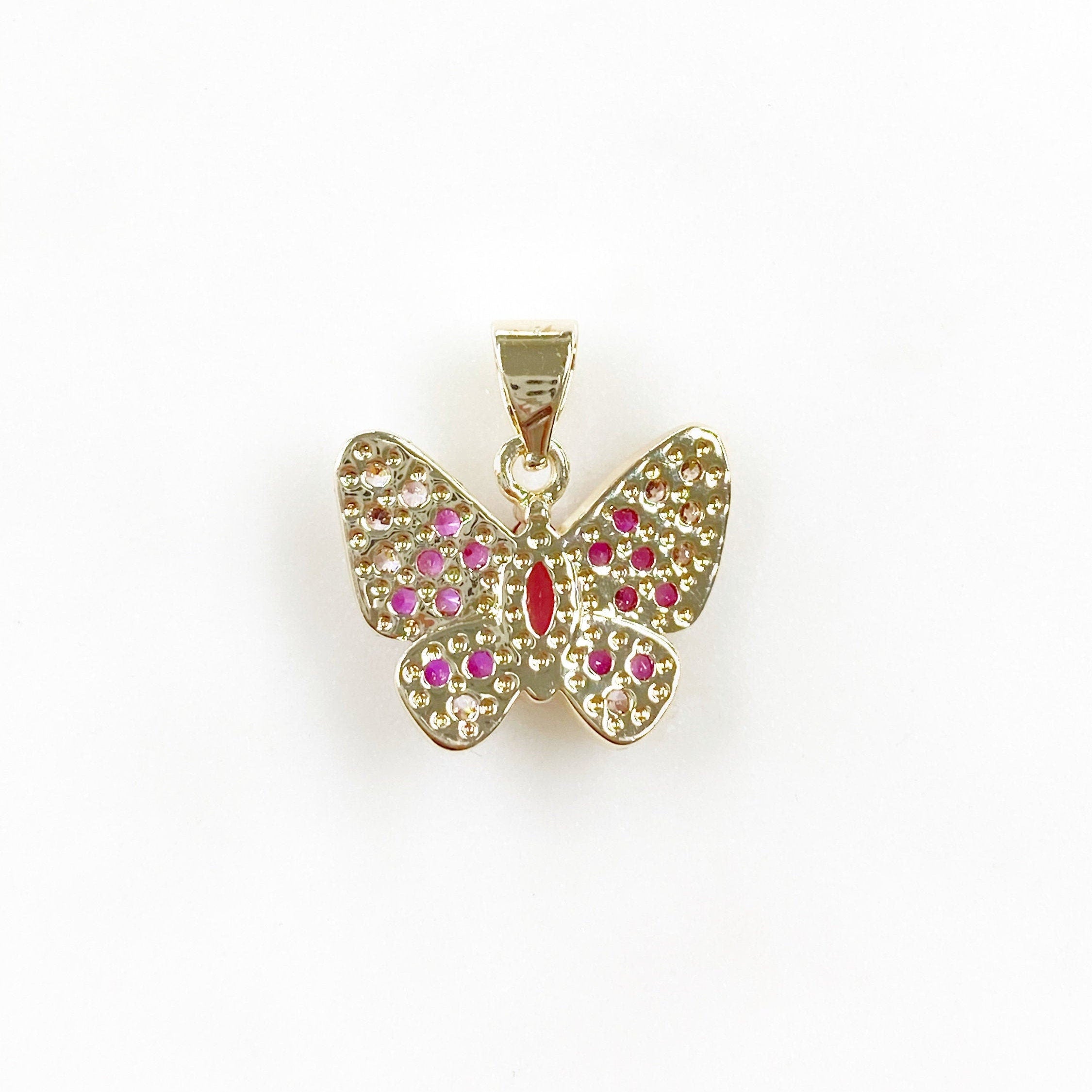 Gold Plated Cubic Zirconia Pavé Butterfly Charm Raspberry Pink