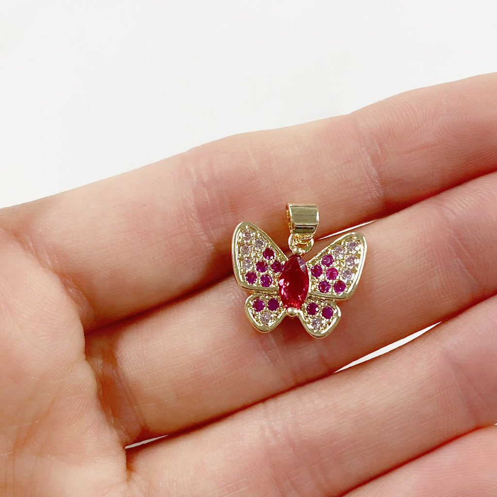 Gold Plated Cubic Zirconia Pavé Butterfly Charm Raspberry Pink