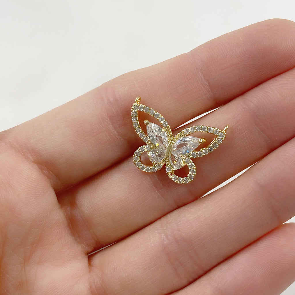 Gold Plated Butterfly Cubic Zirconia Pavé with 2 Loops Detailed