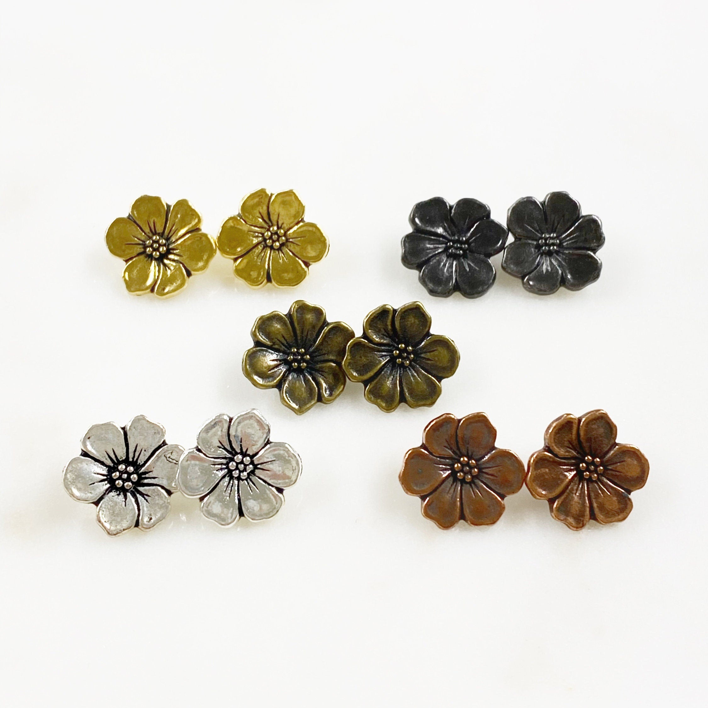 15mm Pewter Flower Button Antique Gold Gunmetal Antique Silver (2pc)