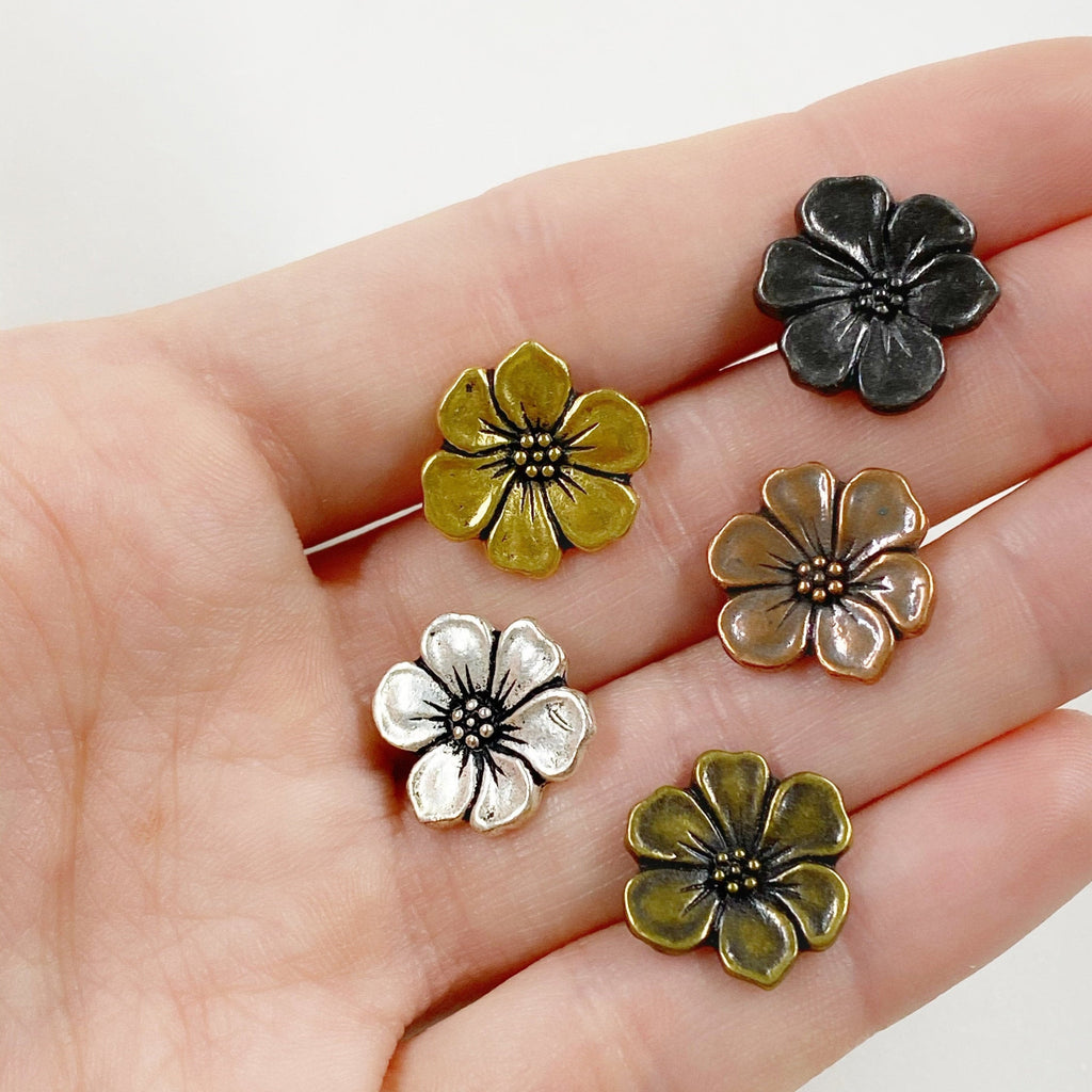 15mm Pewter Flower Button Antique Gold Gunmetal Antique Silver (2pc)