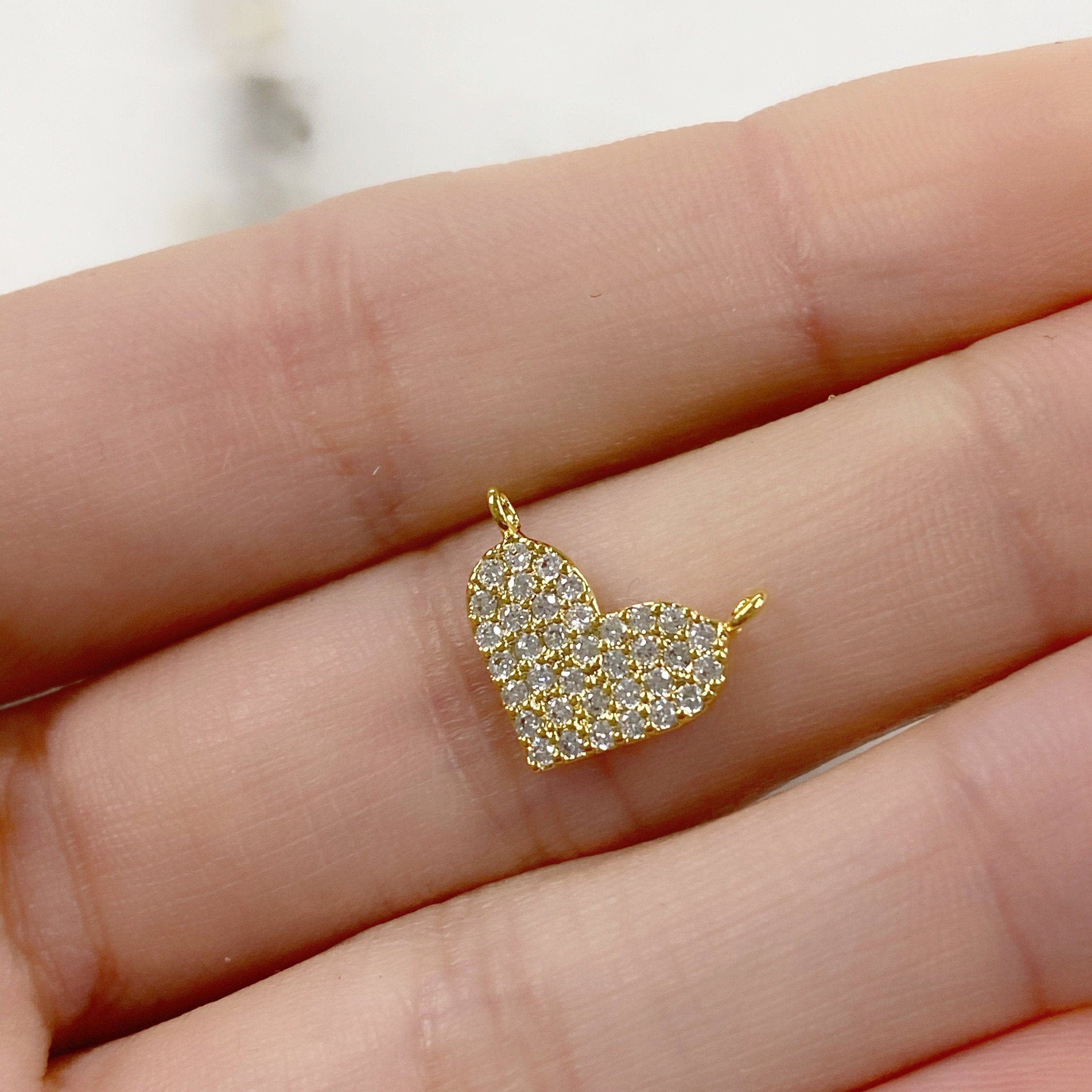 Gold Plated 16K Larger Pave CZ Heart Connector Charm Cubic Zirconia
