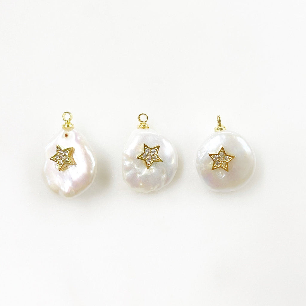 Gold Plated Freshwater Cubic Zirconia Star Pearl Charm Natural