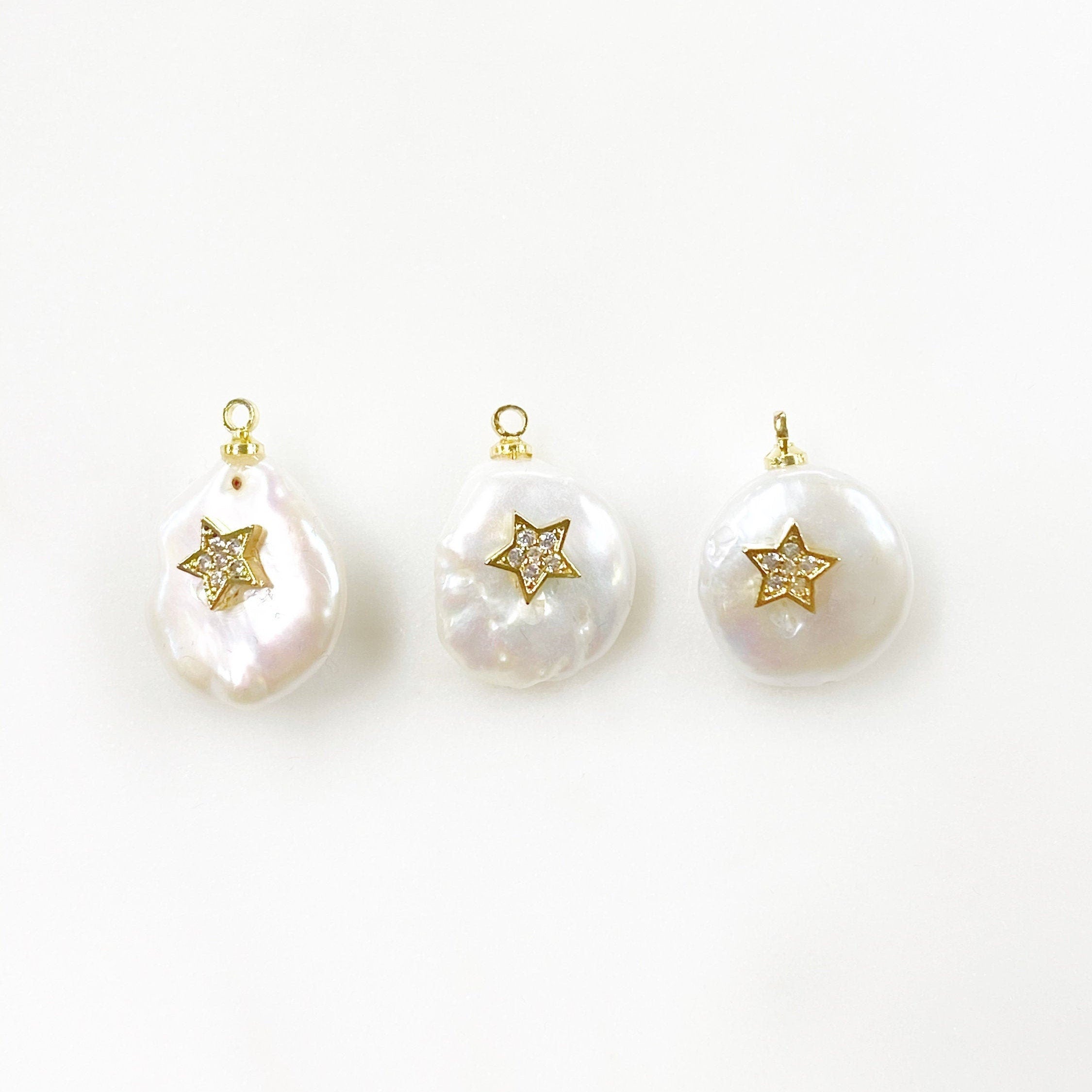 Gold Plated Freshwater Cubic Zirconia Star Pearl Charm Natural