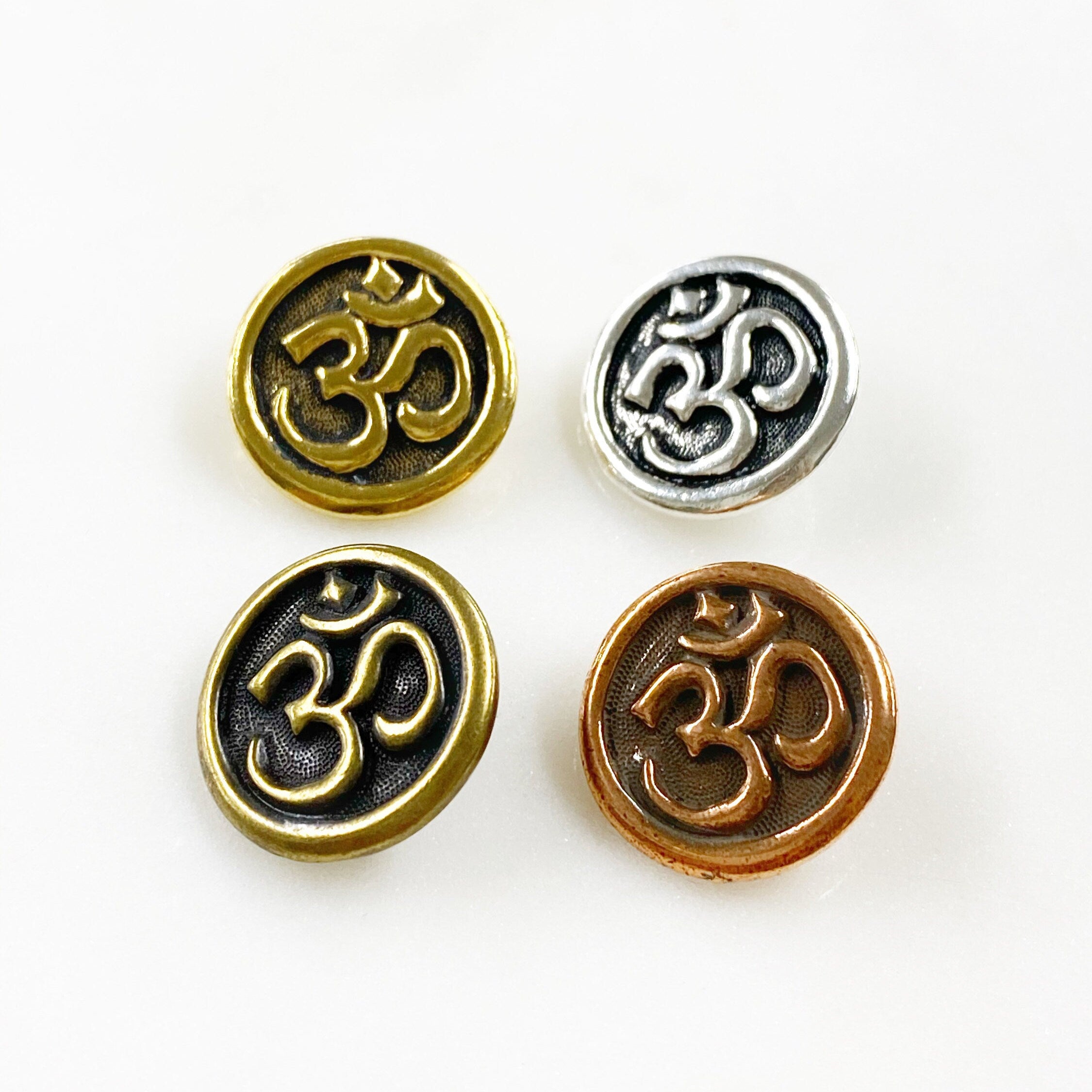 15mm Pewter Ohm Coin Button Antique Religious Spiritual Buddhist