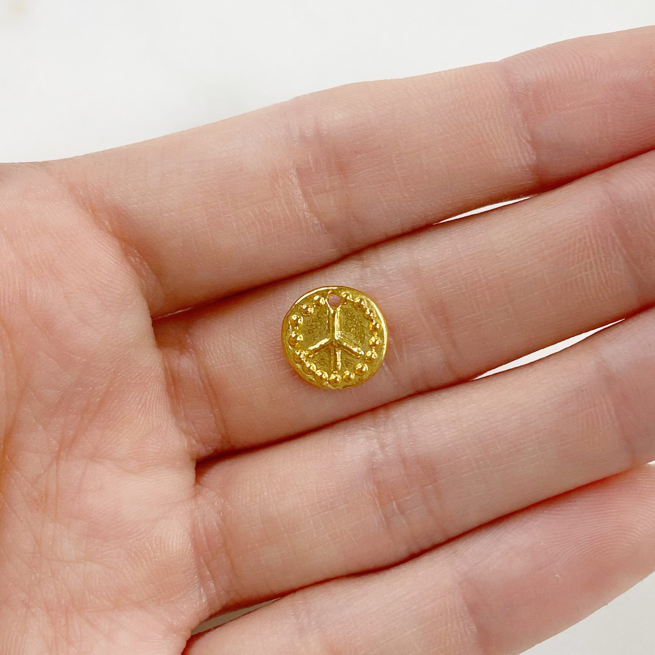 10mm Sterling Silver or Vermeil or Dotted Rim Peace Sign Circle Charm Hippie