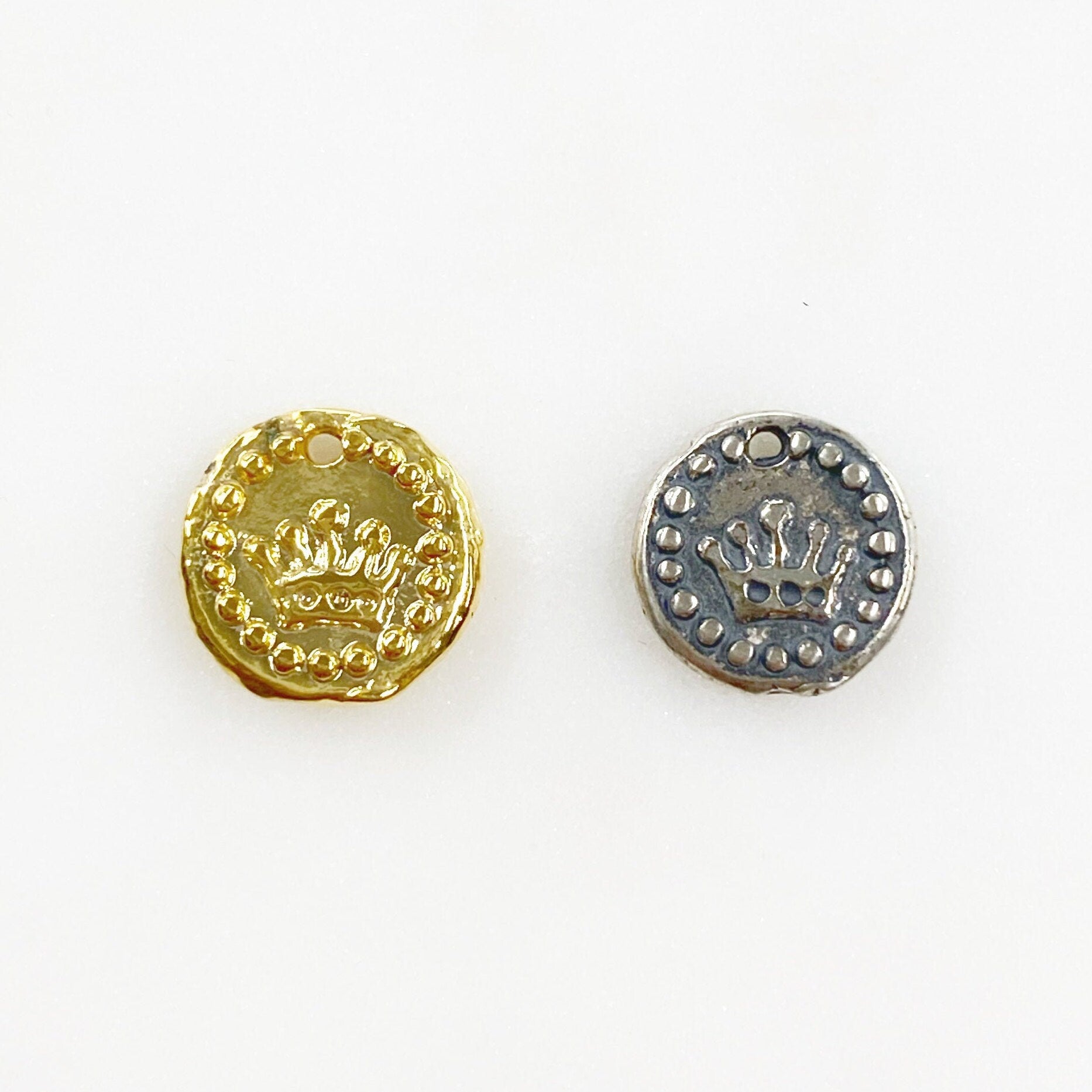 Sterling Silver or Vermeil or Tiny Mini Crown with Dots Circle Medallion Coin