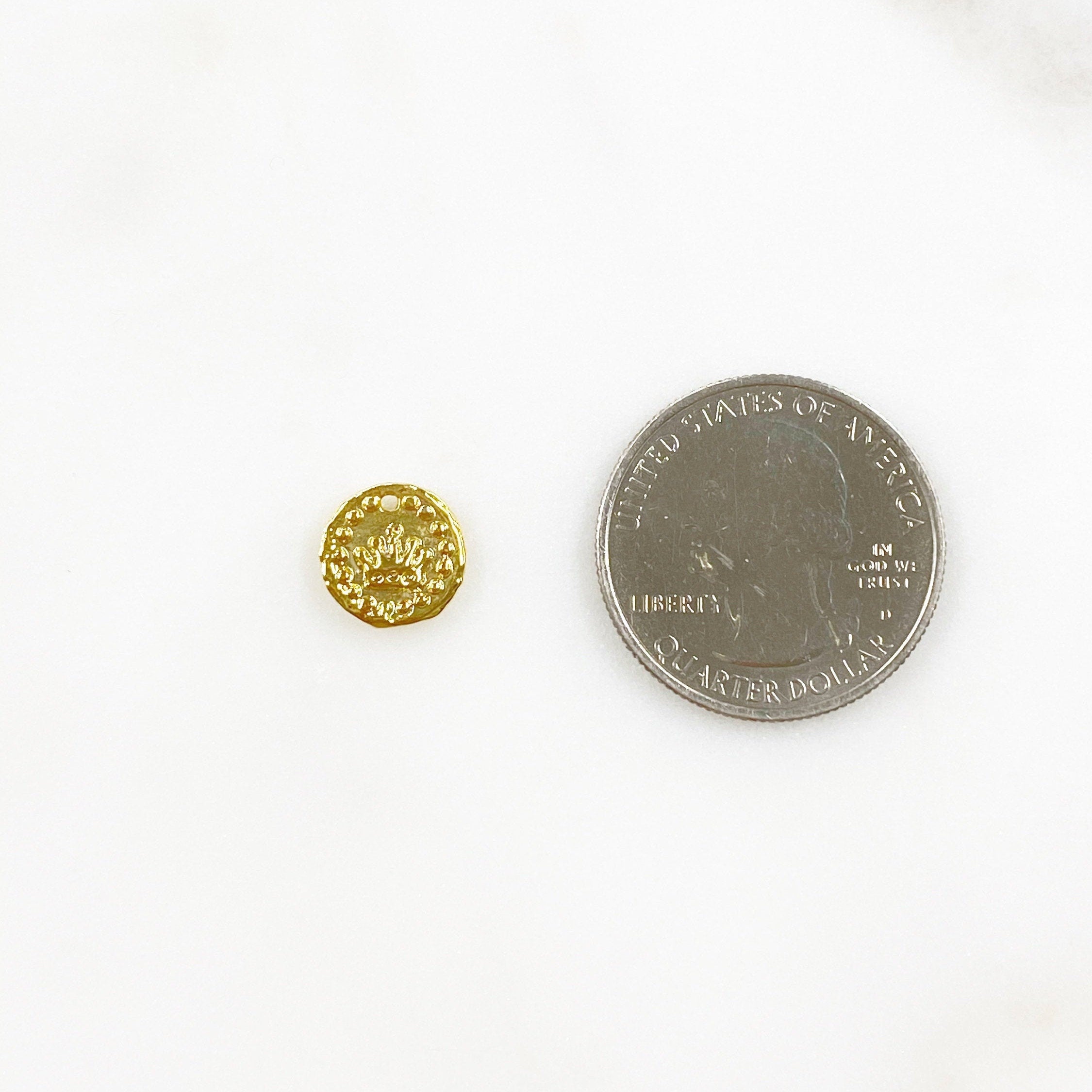 Sterling Silver or Vermeil or Tiny Mini Crown with Dots Circle Medallion Coin