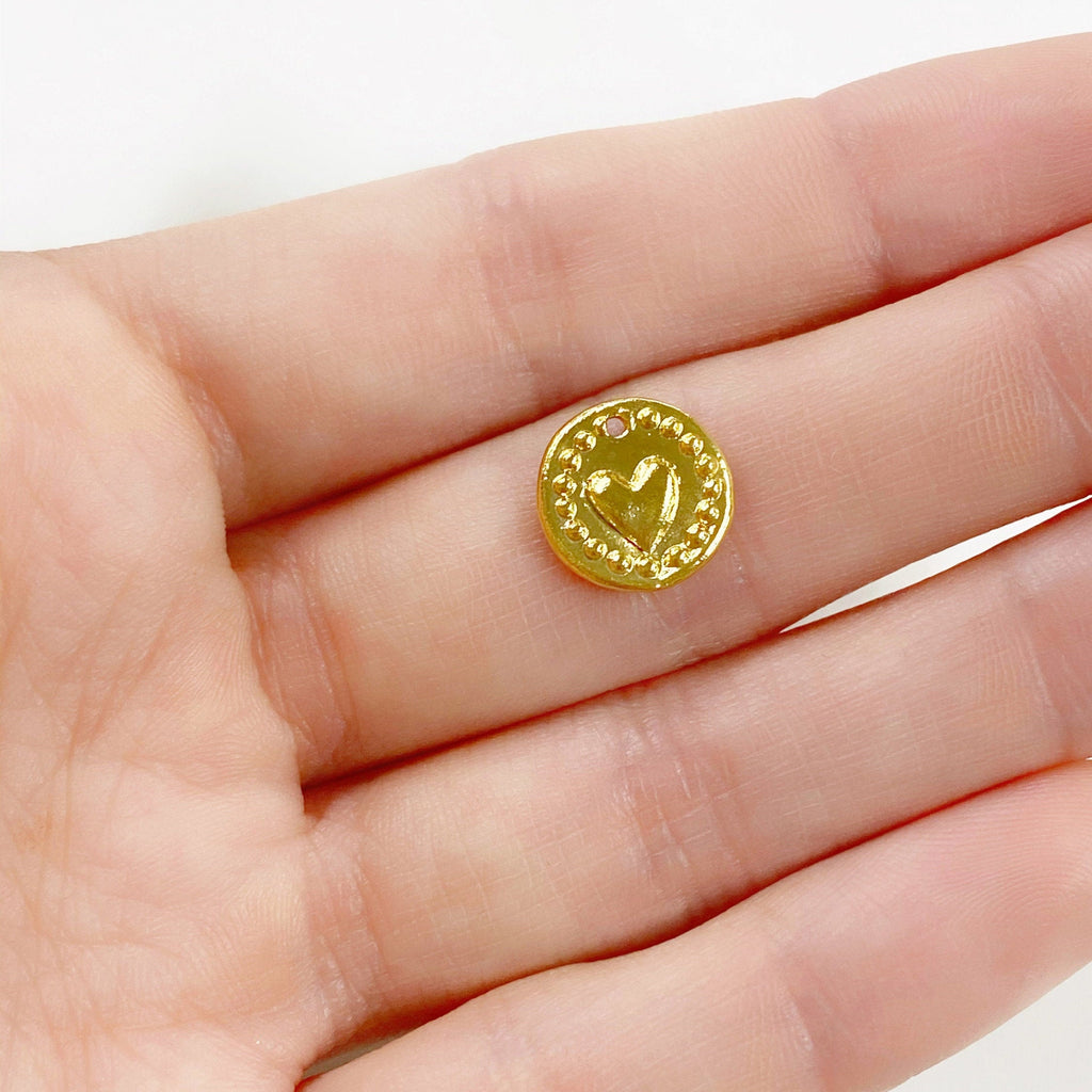 10mm Sterling Silver or Vermeil or Tiny Mini Heart with Dots Circle Medallion