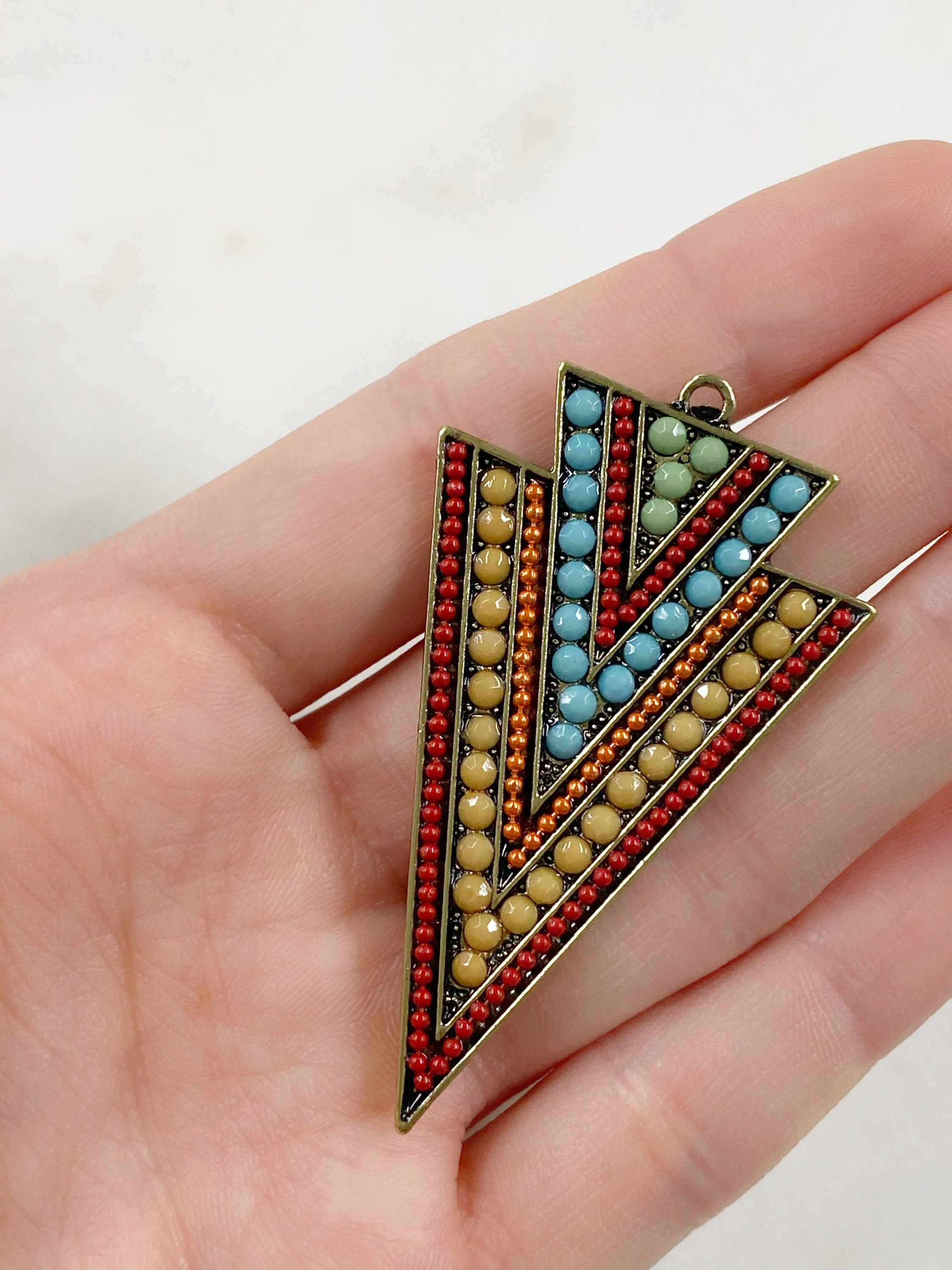 Base Metal Large Colorful Crystal Beaded Triangle Tribal Bohemian