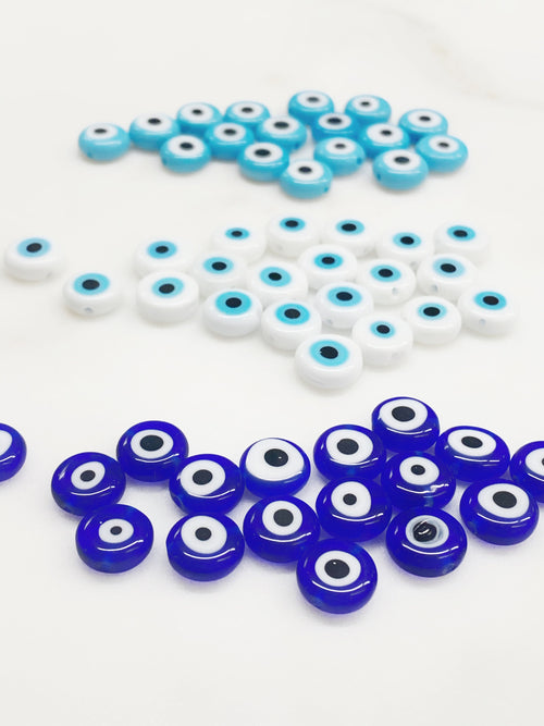 10mm Glass Evil Eye Beads Light Blue Dark Blue or White (5pc)