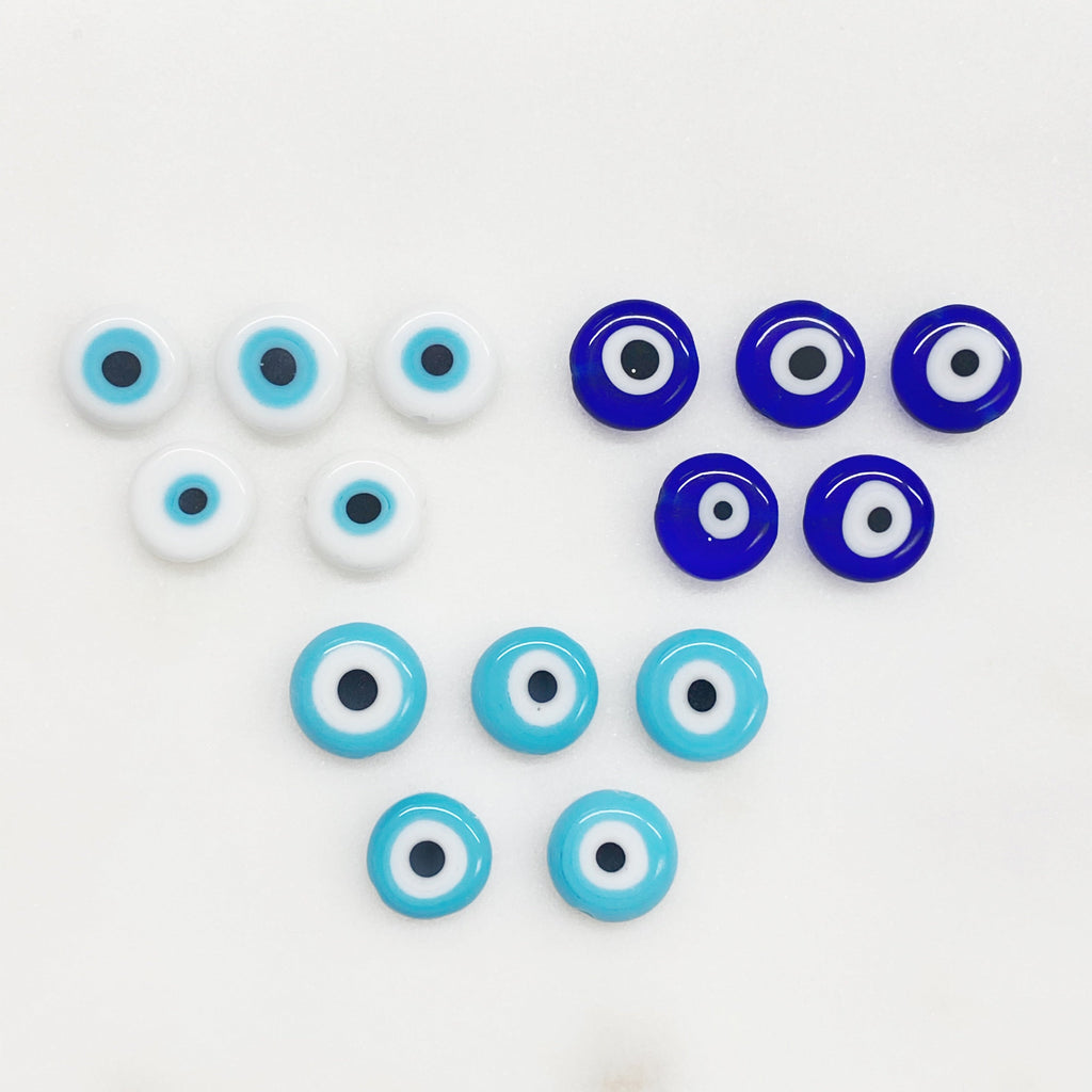 10mm Glass Evil Eye Beads Light Blue Dark Blue or White (5pc)
