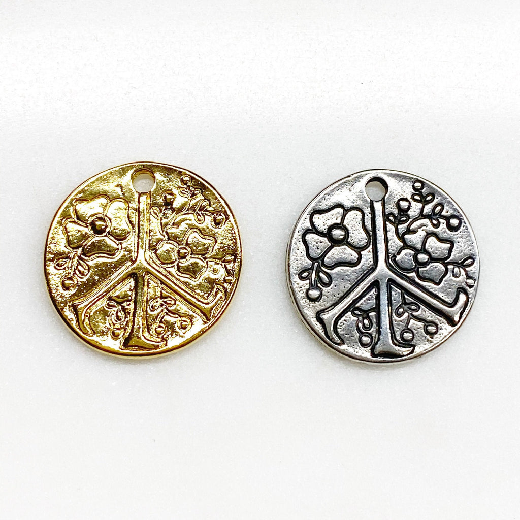 Sterling Silver or Vermeil Floral or Peace Sign Circle Charm Medallion Hippie