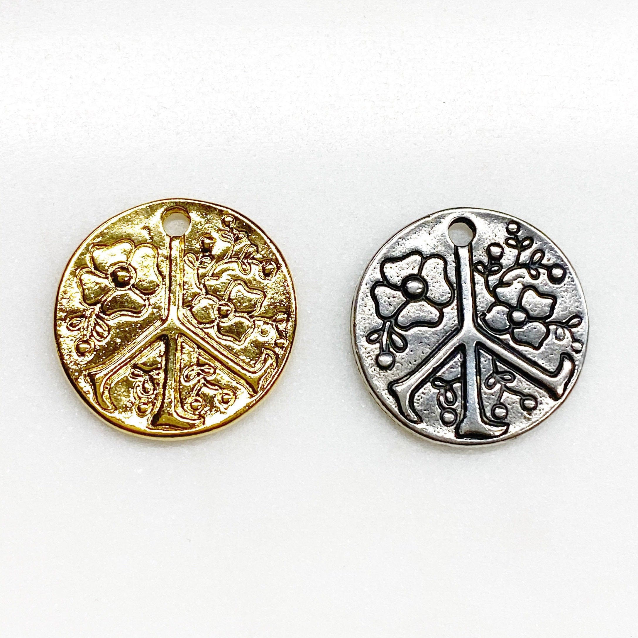 Sterling Silver or Vermeil Floral or Peace Sign Circle Charm Medallion Hippie